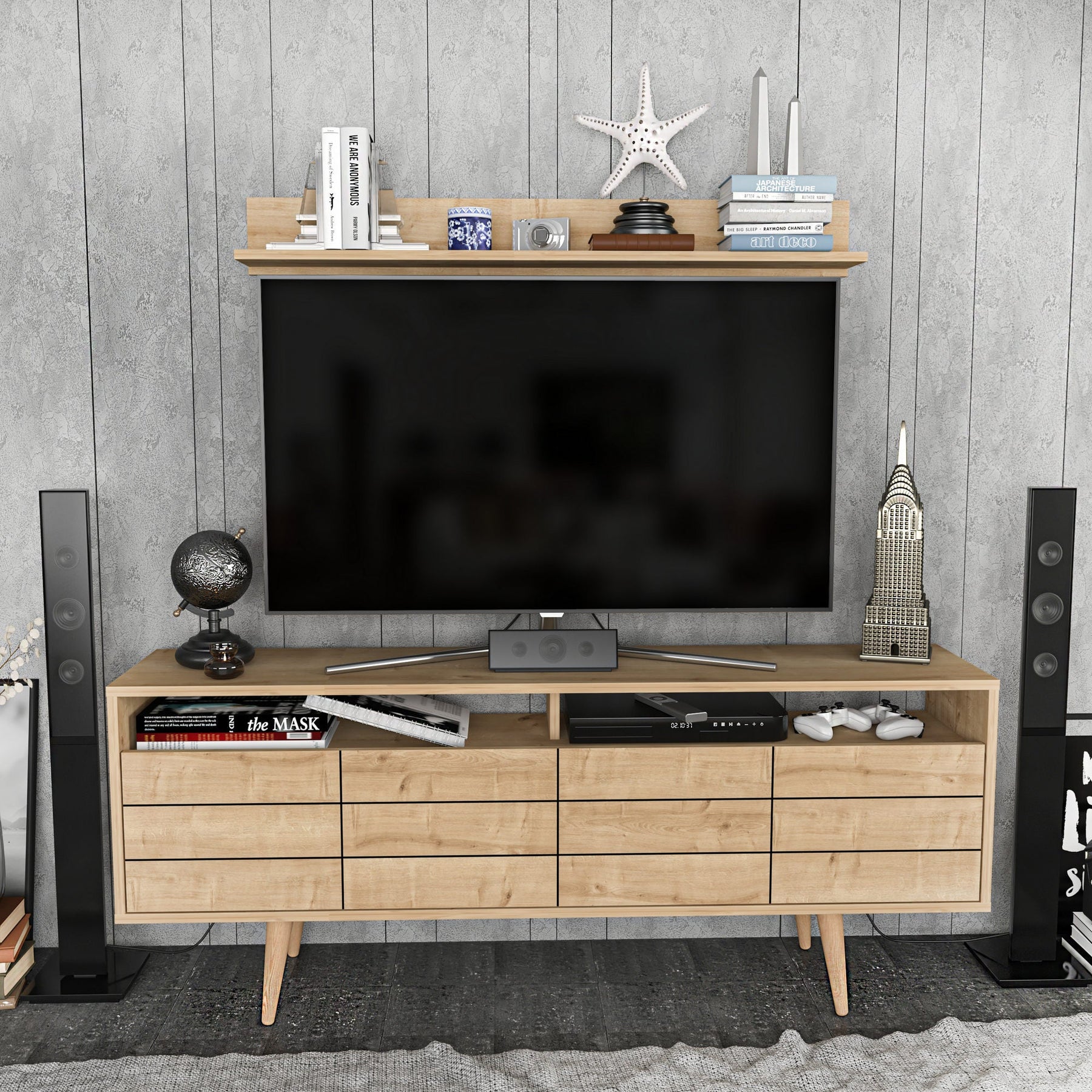 Set comoda TV si polita Ola, stejar, PAL melaminat, 160x35x64.5 cm