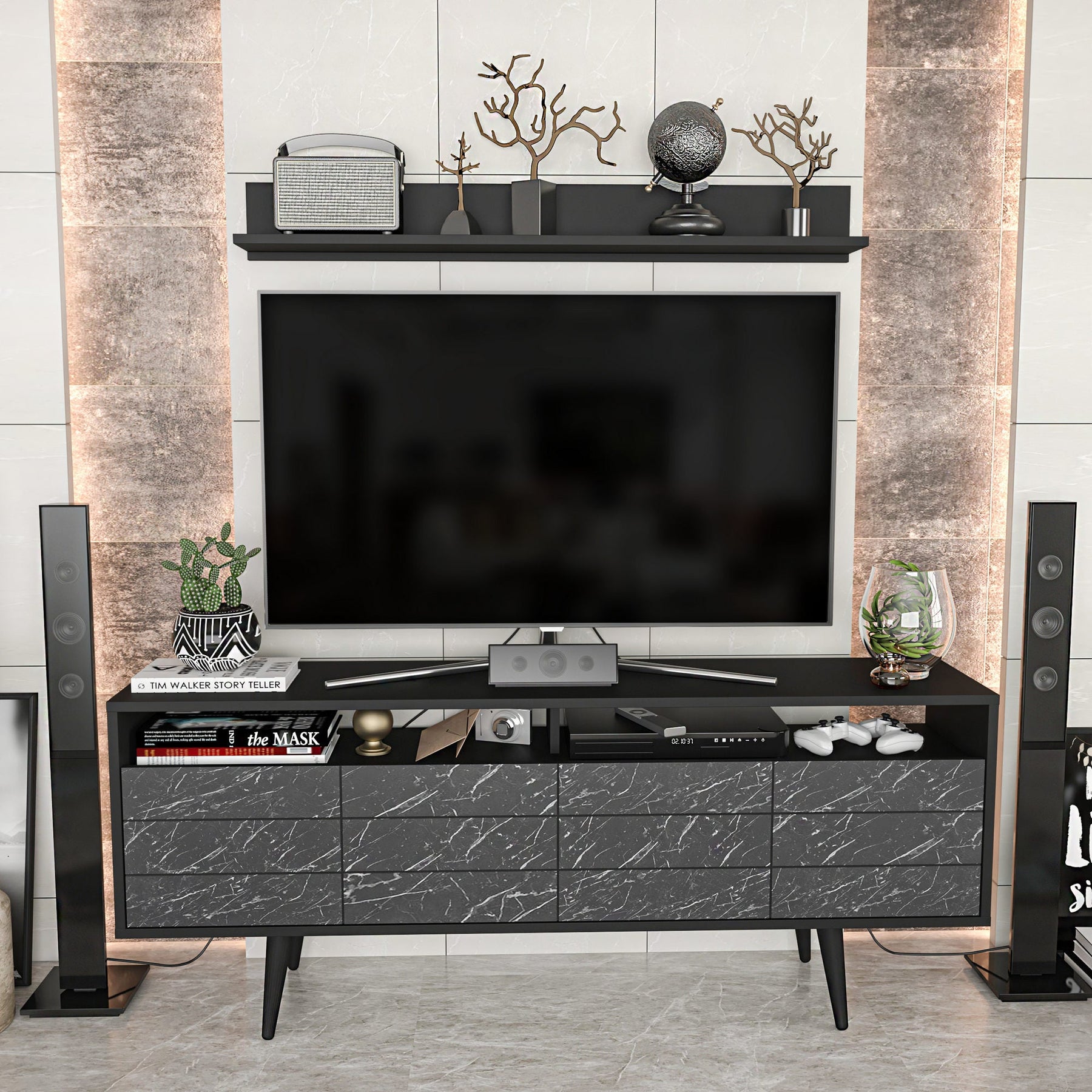 Set comoda TV si polita Ola, negru cu imprimeu marmura, PAL melaminat, 160x36x64.5 cm