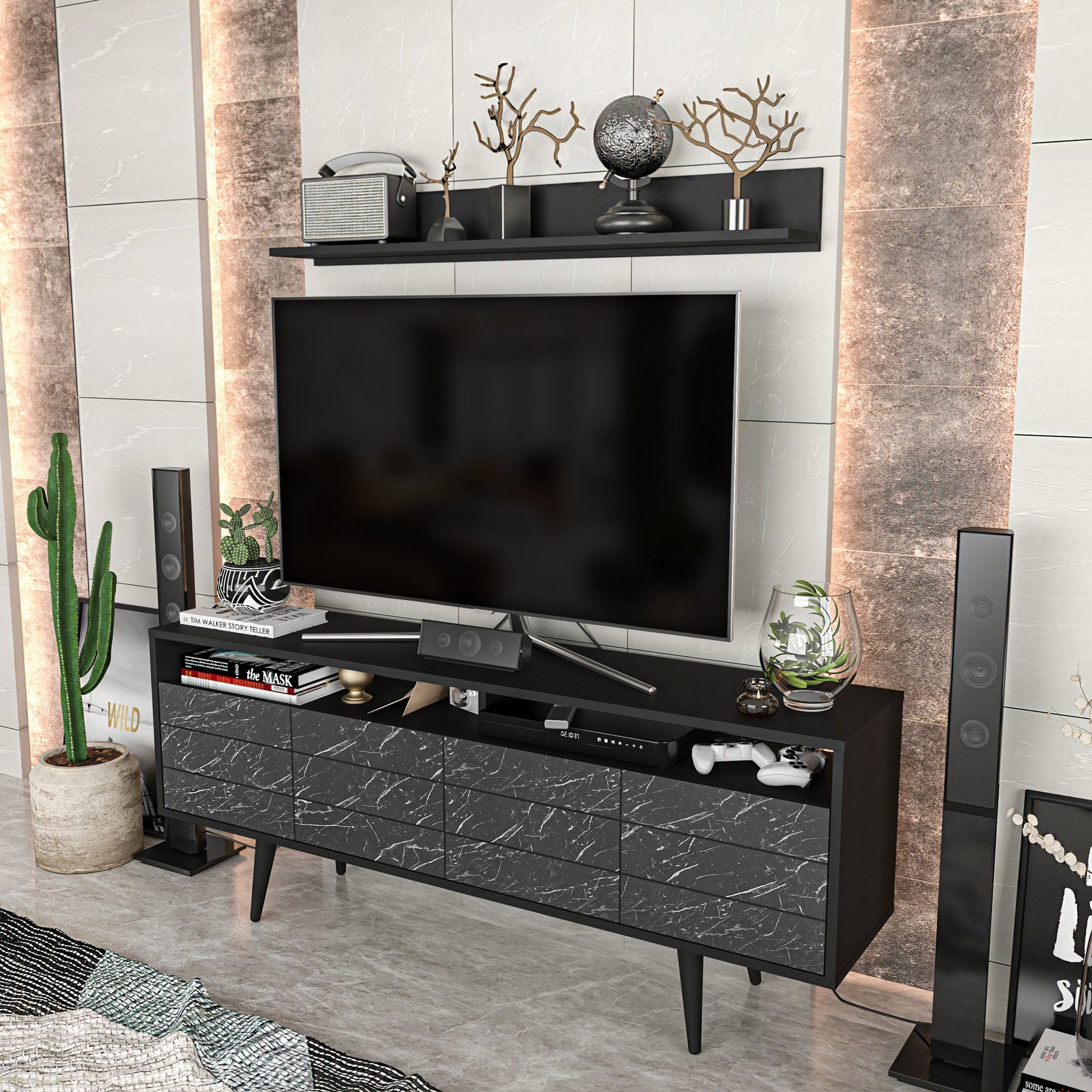 Set comoda TV si polita Ola, negru cu imprimeu marmura, PAL melaminat, 160x36x64.5 cm