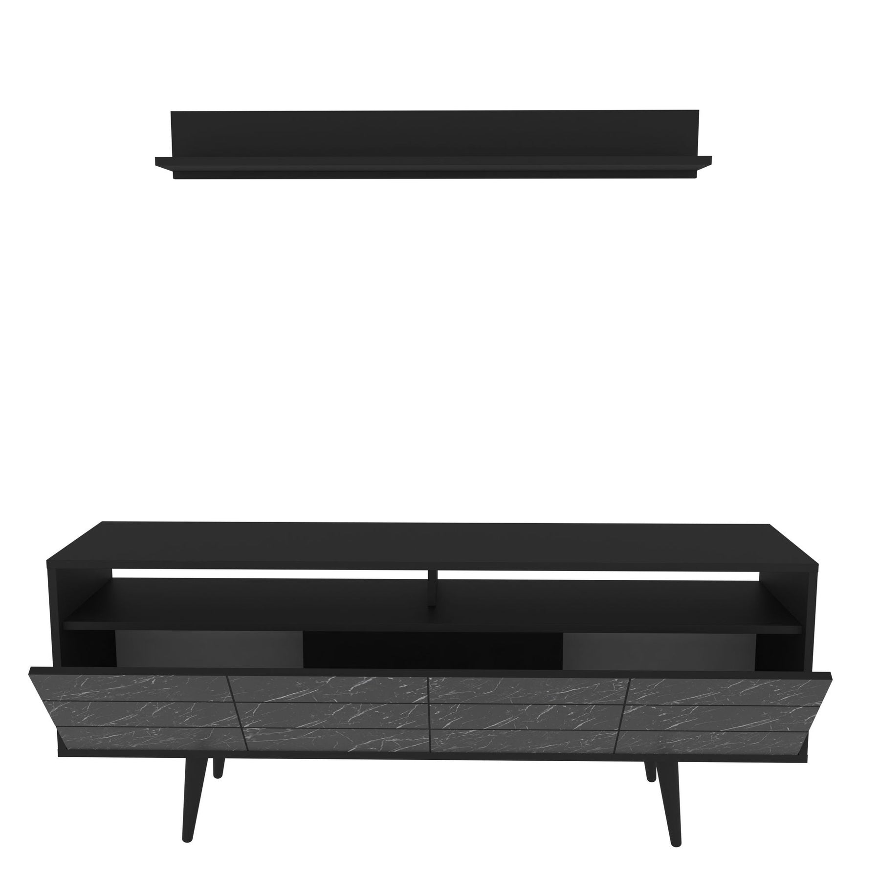 Set comoda TV si polita Ola, negru cu imprimeu marmura, PAL melaminat, 160x36x64.5 cm