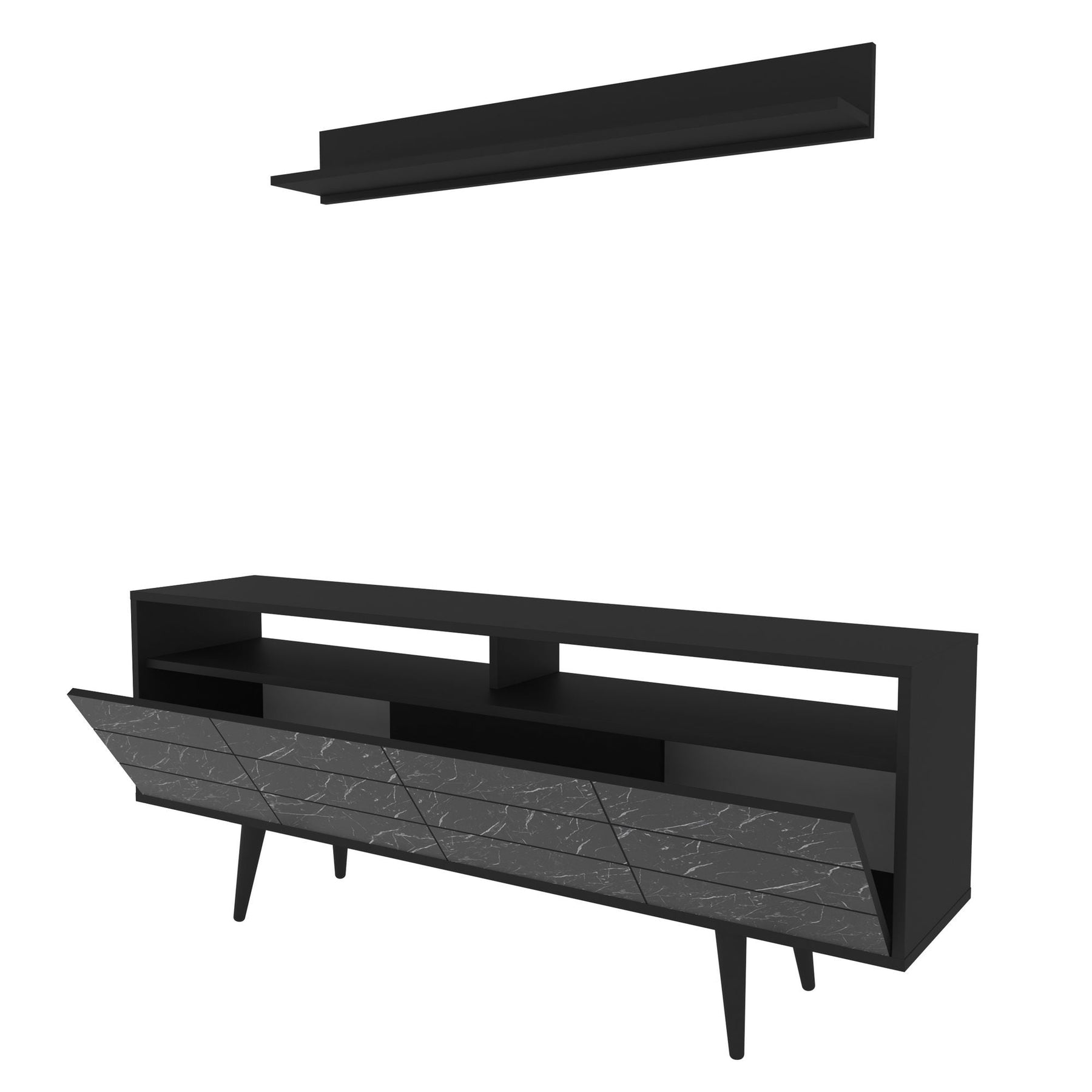 Set comoda TV si polita Ola, negru cu imprimeu marmura, PAL melaminat, 160x36x64.5 cm