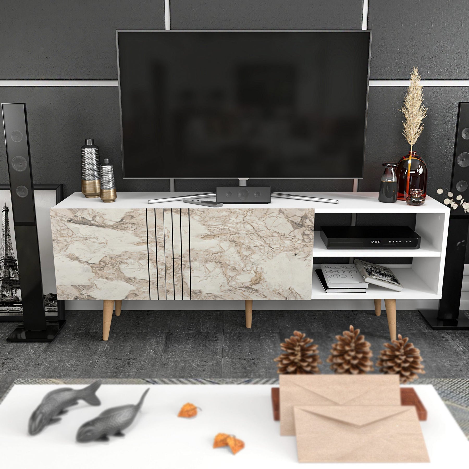 Comoda TV Ronas, alb cu imprimeu marmura, PAL melaminat, 160x35x39 cm