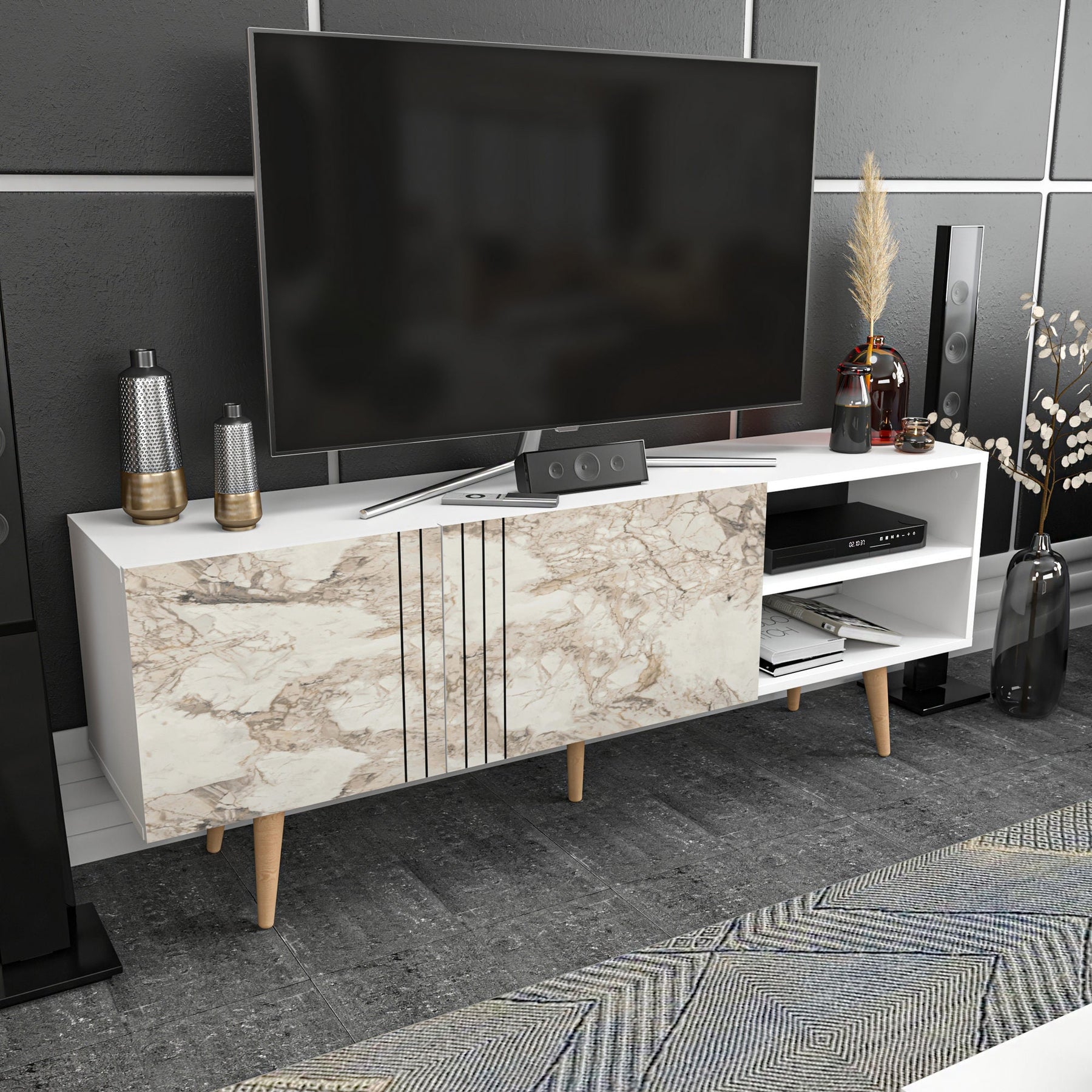 Comoda TV Ronas, alb cu imprimeu marmura, PAL melaminat, 160x35x39 cm