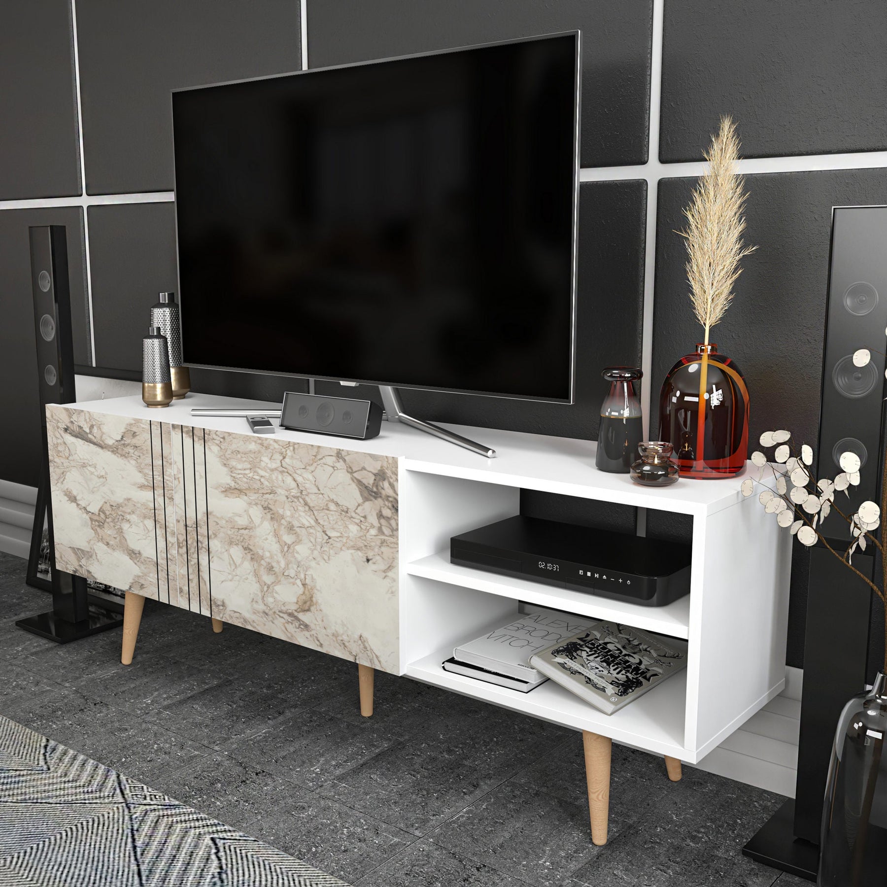 Comoda TV Ronas, alb cu imprimeu marmura, PAL melaminat, 160x35x39 cm