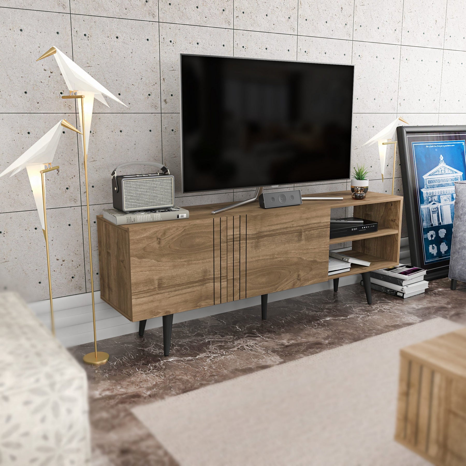 Comoda TV Ronas, nuc, PAL melaminat, 160x35x39 cm