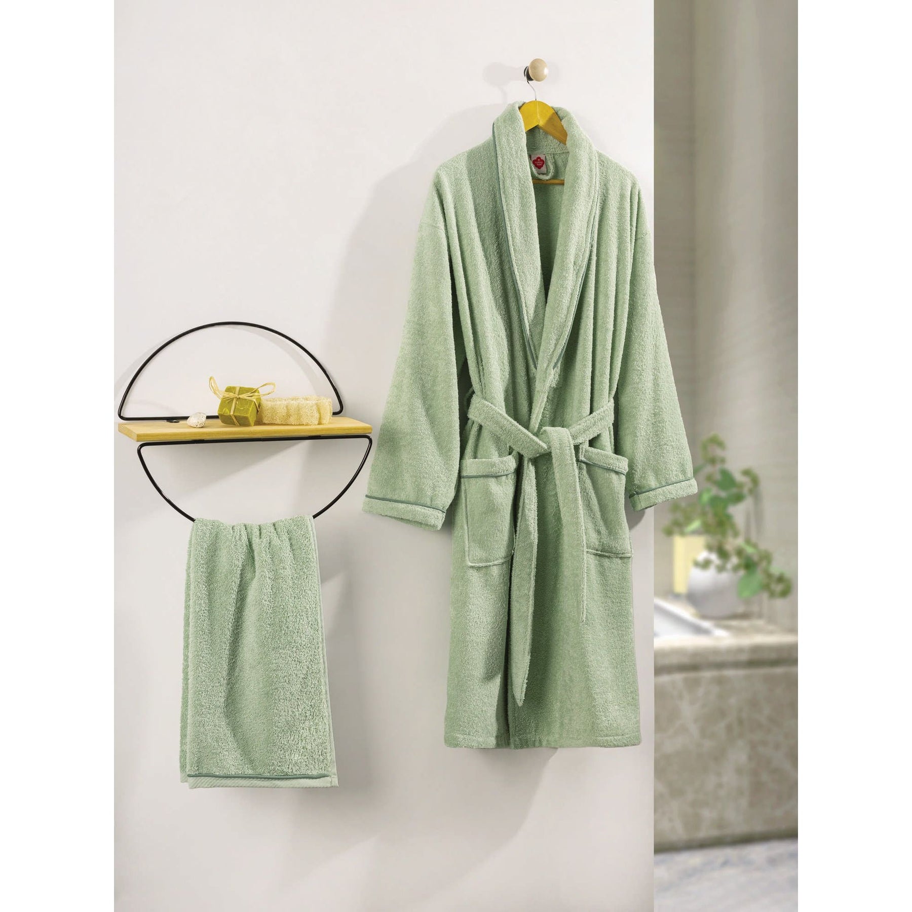 Set halat de baie si prosop Deluxe, verde, bumbac, M-50x90 cm