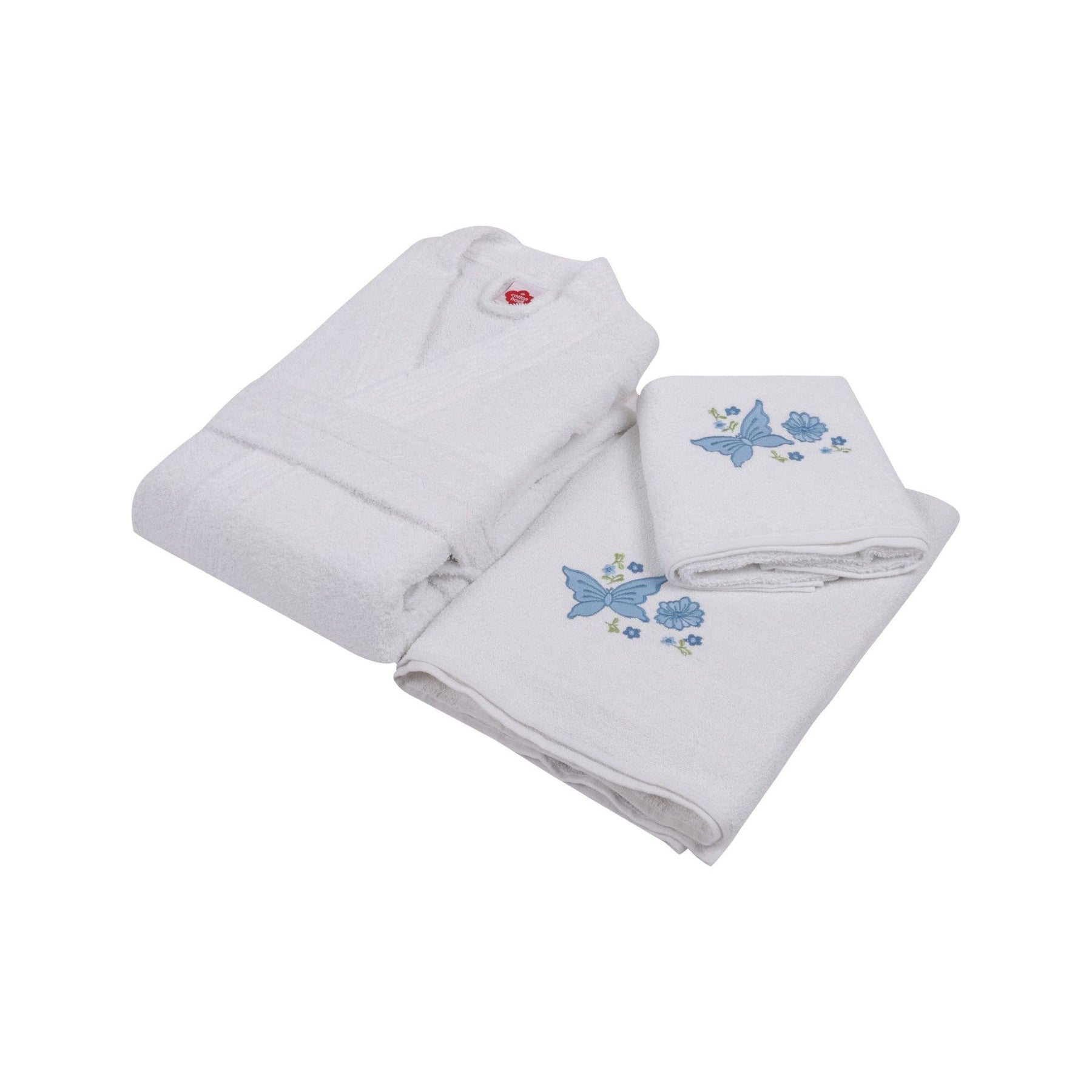 Set de baie de familie Nakisli Aile, format din halat pentru femei S/M, halat pentru barbati M/L, 2 prosoape mici si 2 prosoape mari, bumbac, alb/albastru