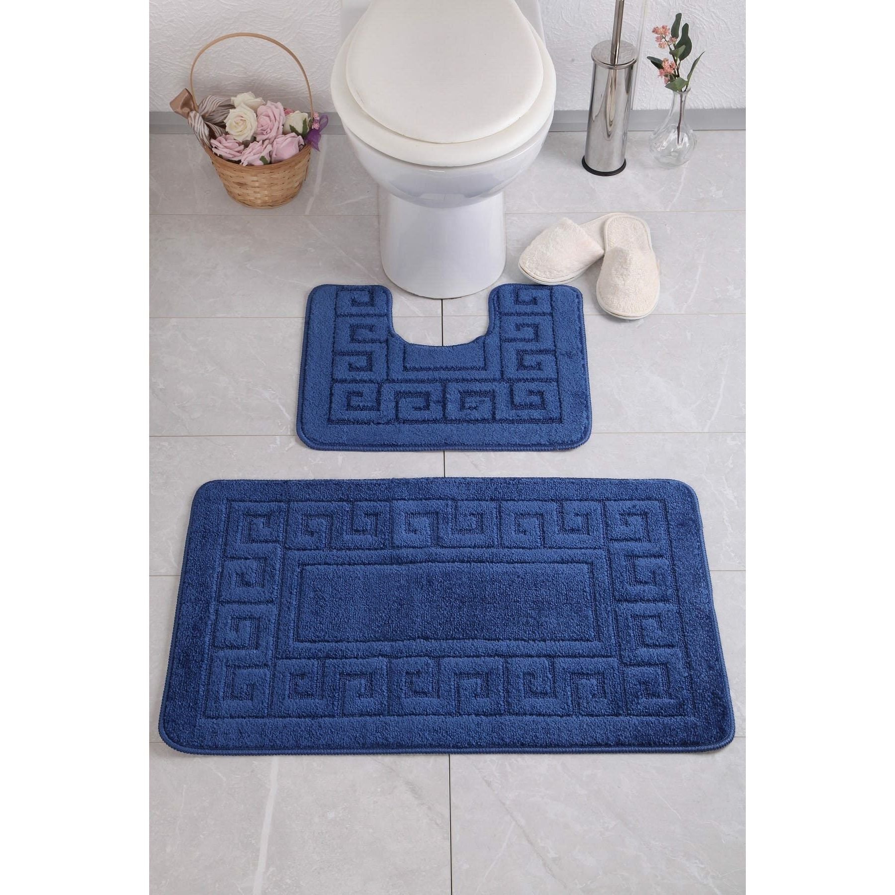 Set 2 covorase baie Ethnic, 50x60/60x100 cm, forma dreptunghiulara, material polipropilen, albastru