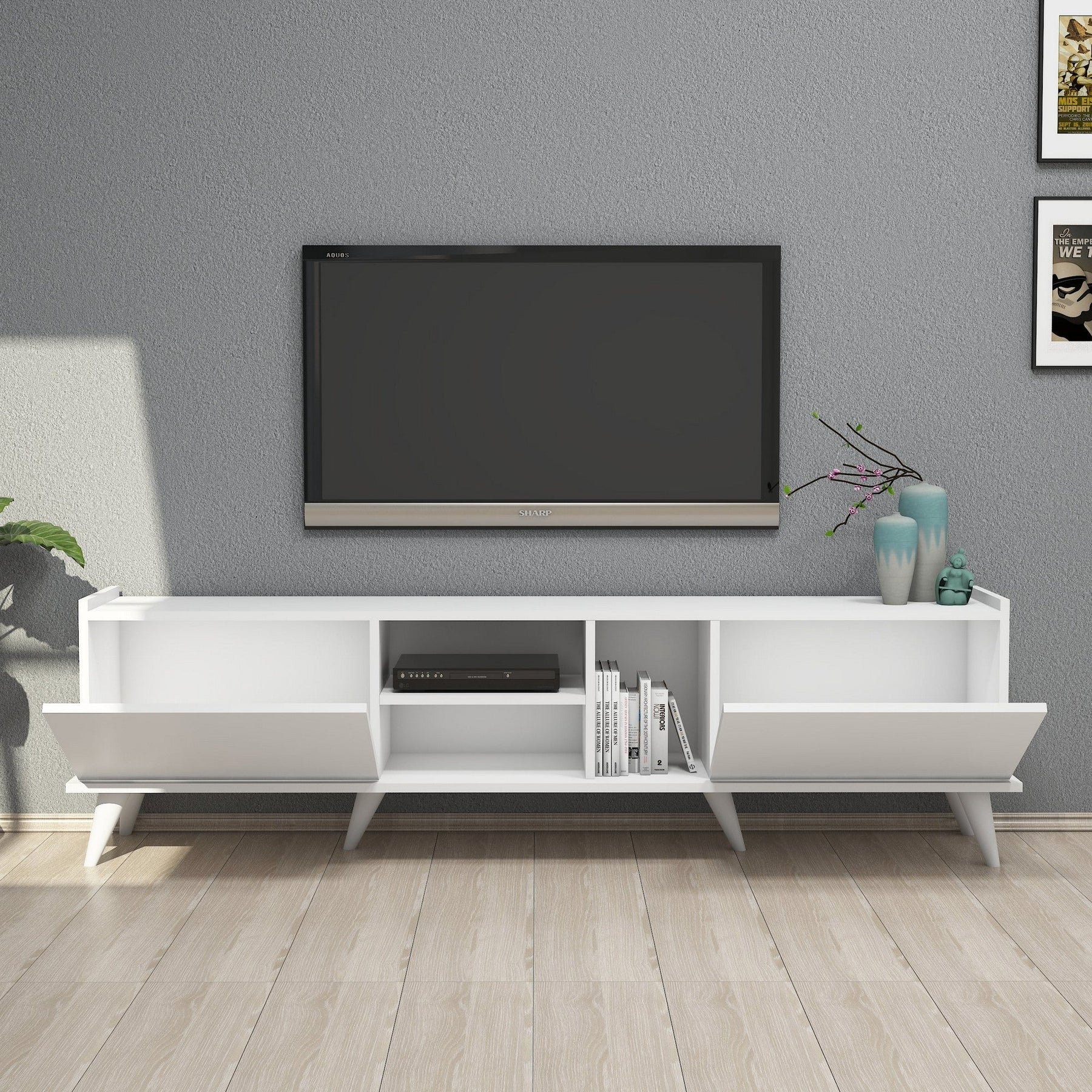 Comoda TV Elegante 1320, din PAL melaminat, alba, 180x34x52 cm