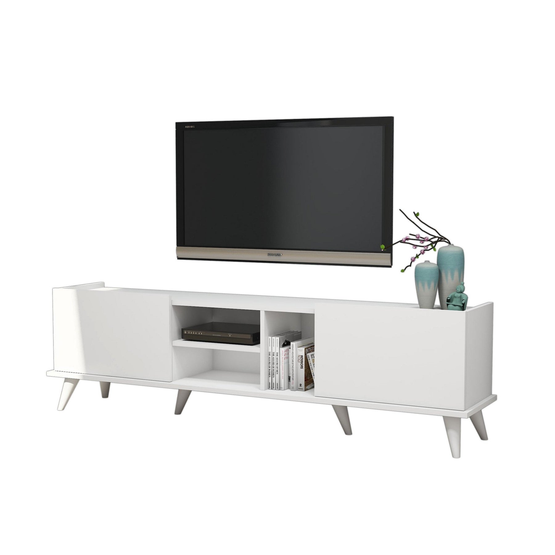 Comoda TV Elegante 1320, din PAL melaminat, alba, 180x34x52 cm