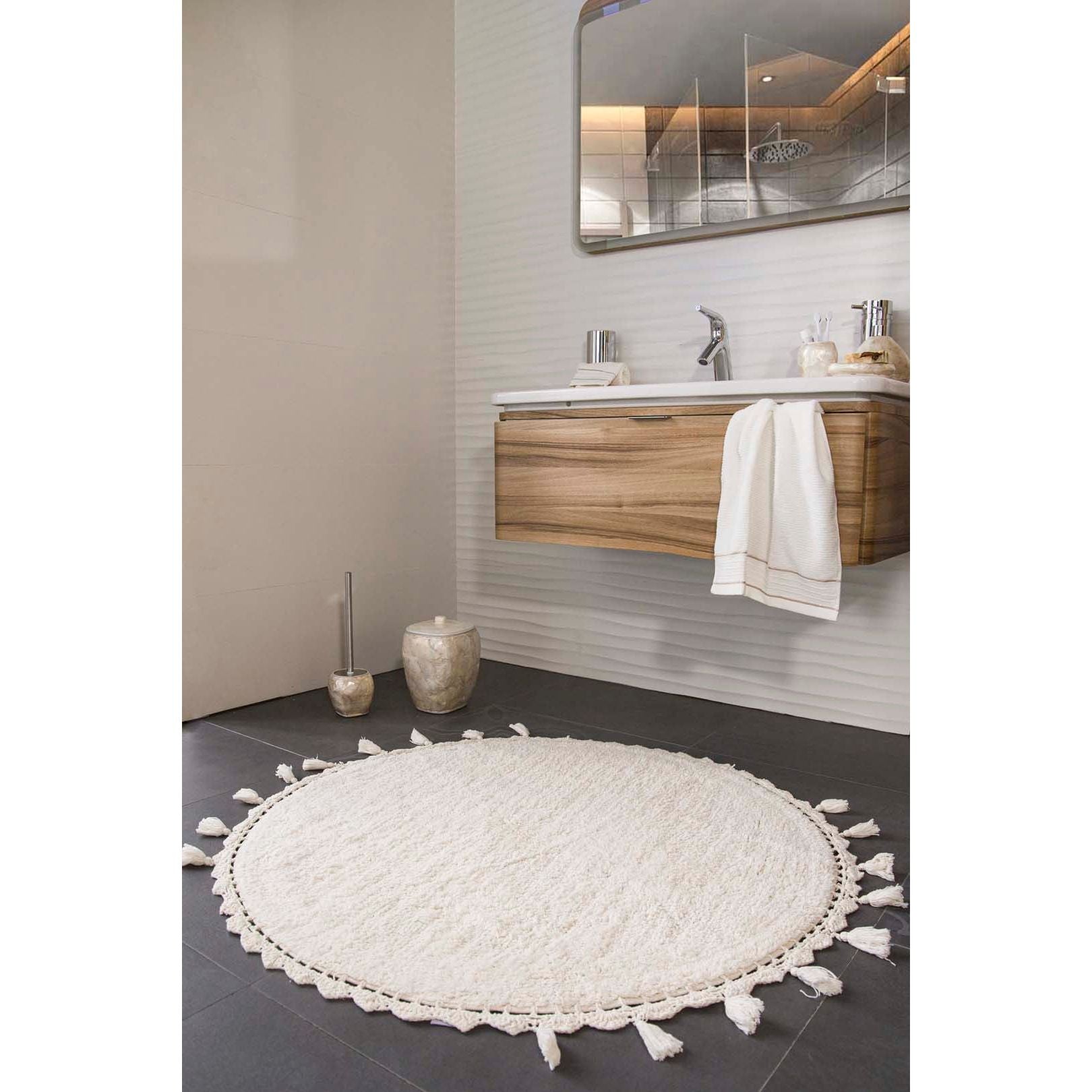 Covoras de baie Lowell, 100 cm, forma rotunda, material bumbac, crem