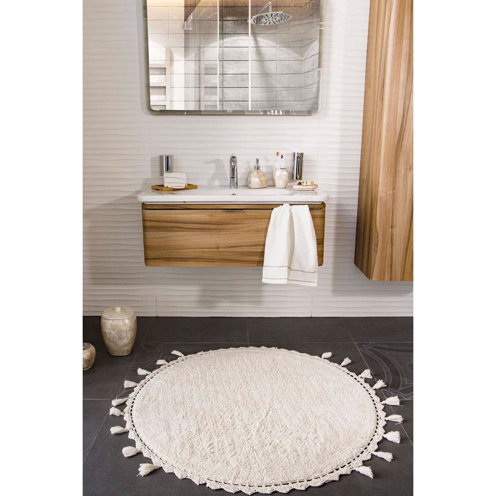Covoras de baie Lowell, 100 cm, forma rotunda, material bumbac, crem