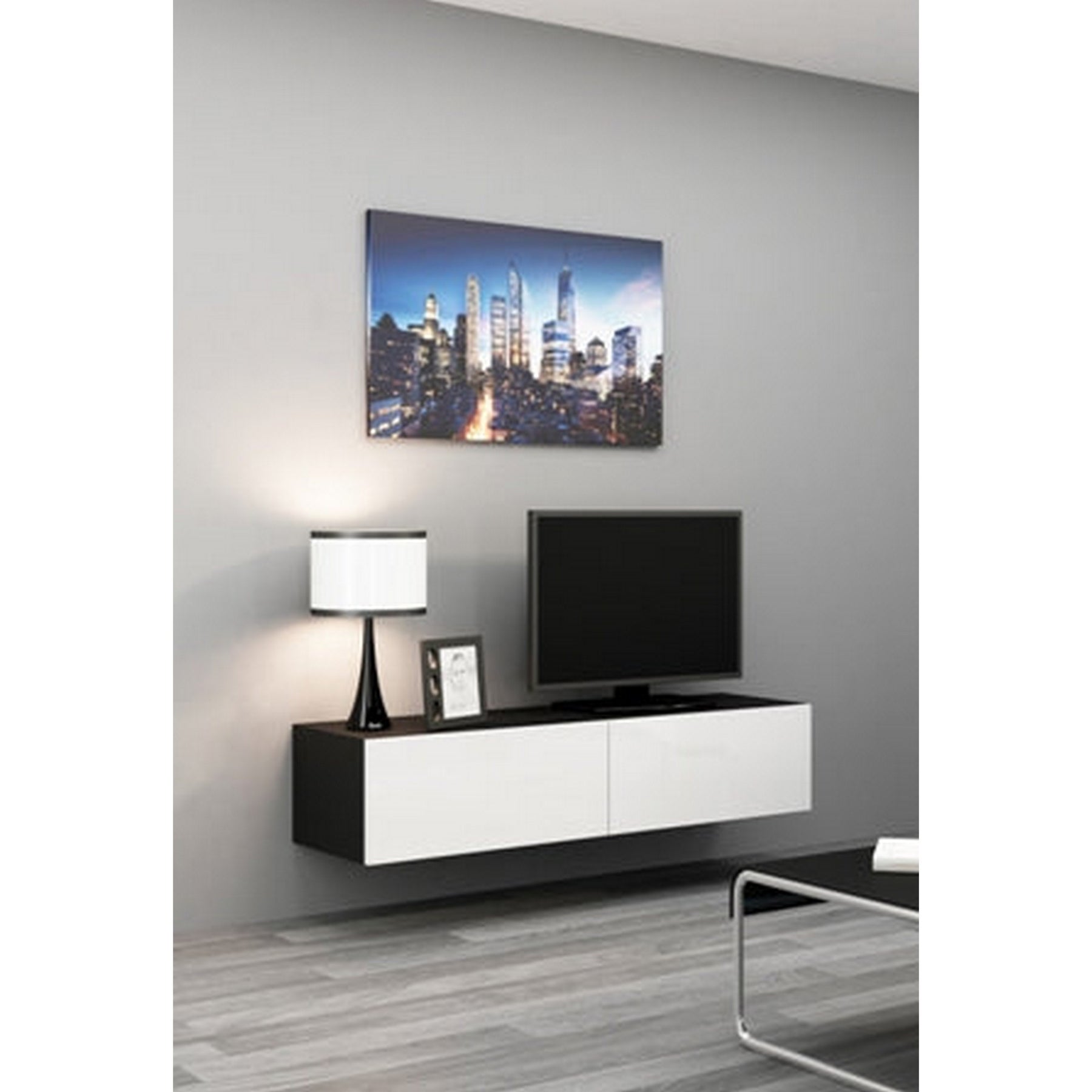 Comoda TV cu 2 usi suspendata Vigo, negru/alb, 140x40x30 cm