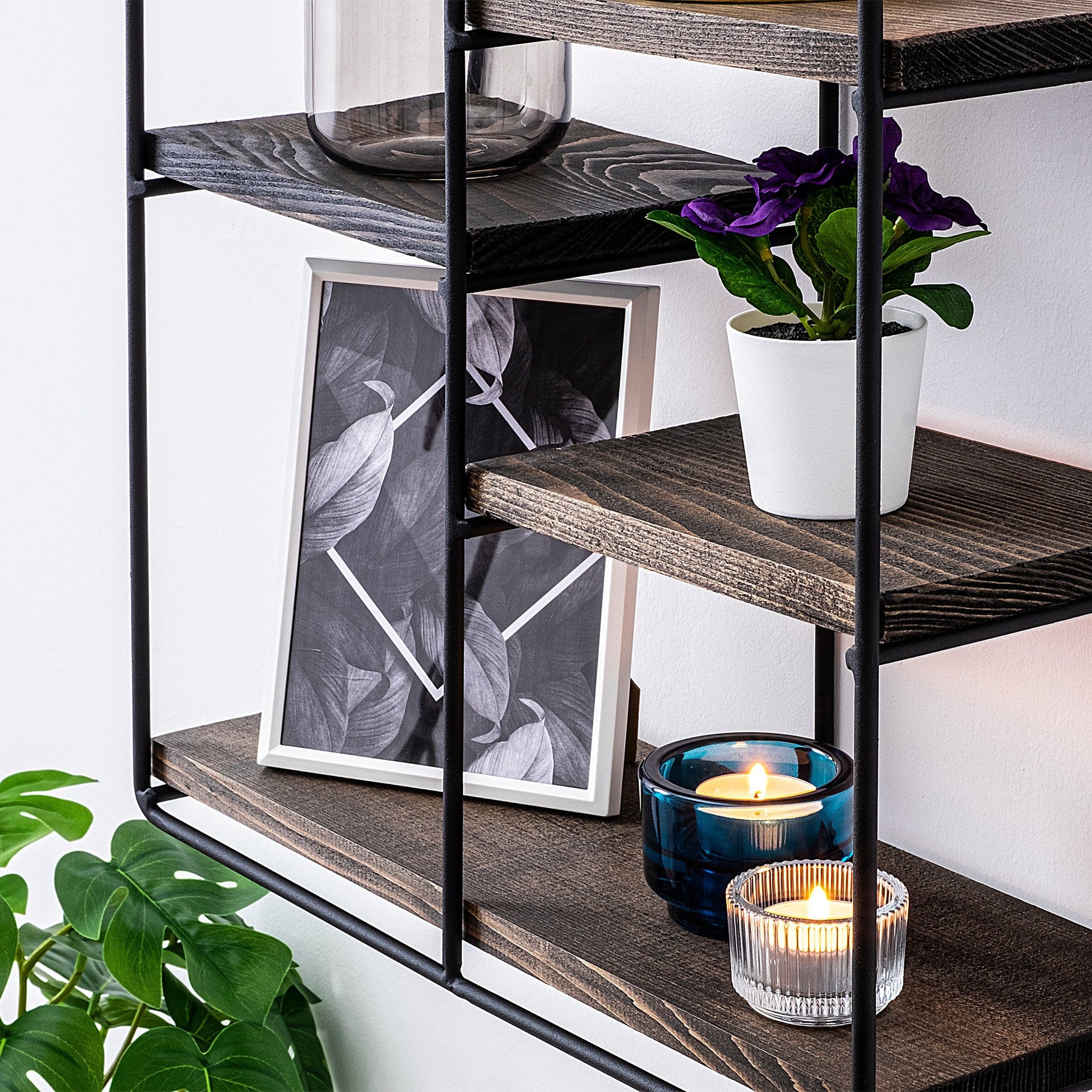 Raft Lilium, negru/nuc, lemn/metal, 60x15x40 cm
