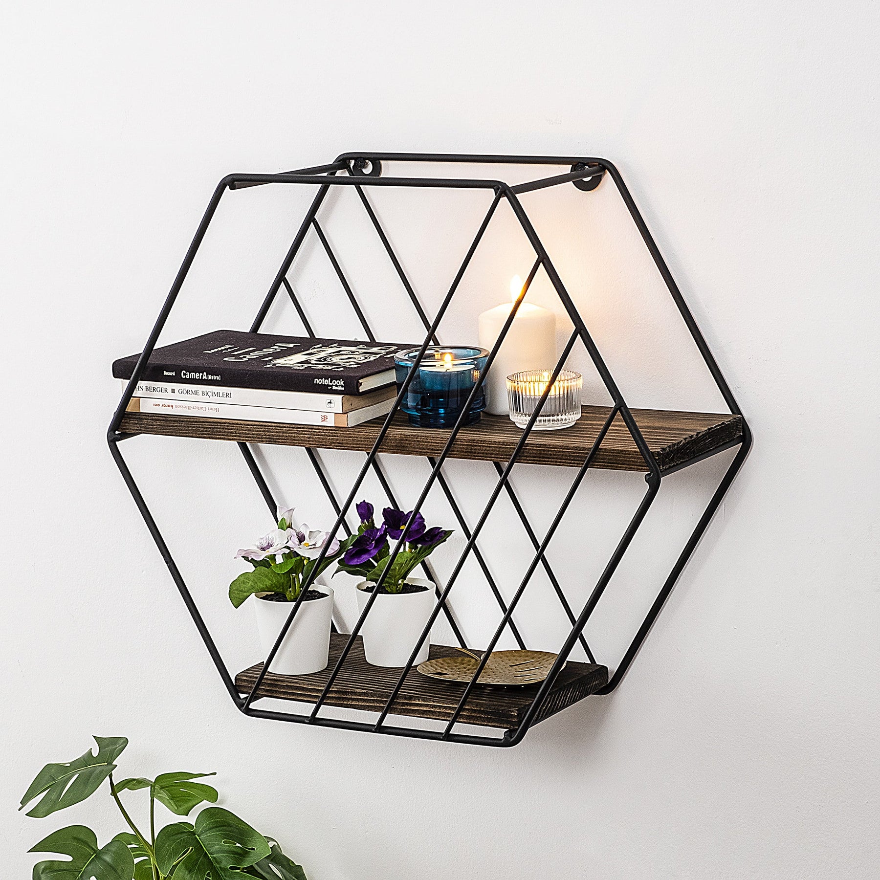 Raft Liliales, negru/nuc, metal/lemn, 44x15x40 cm