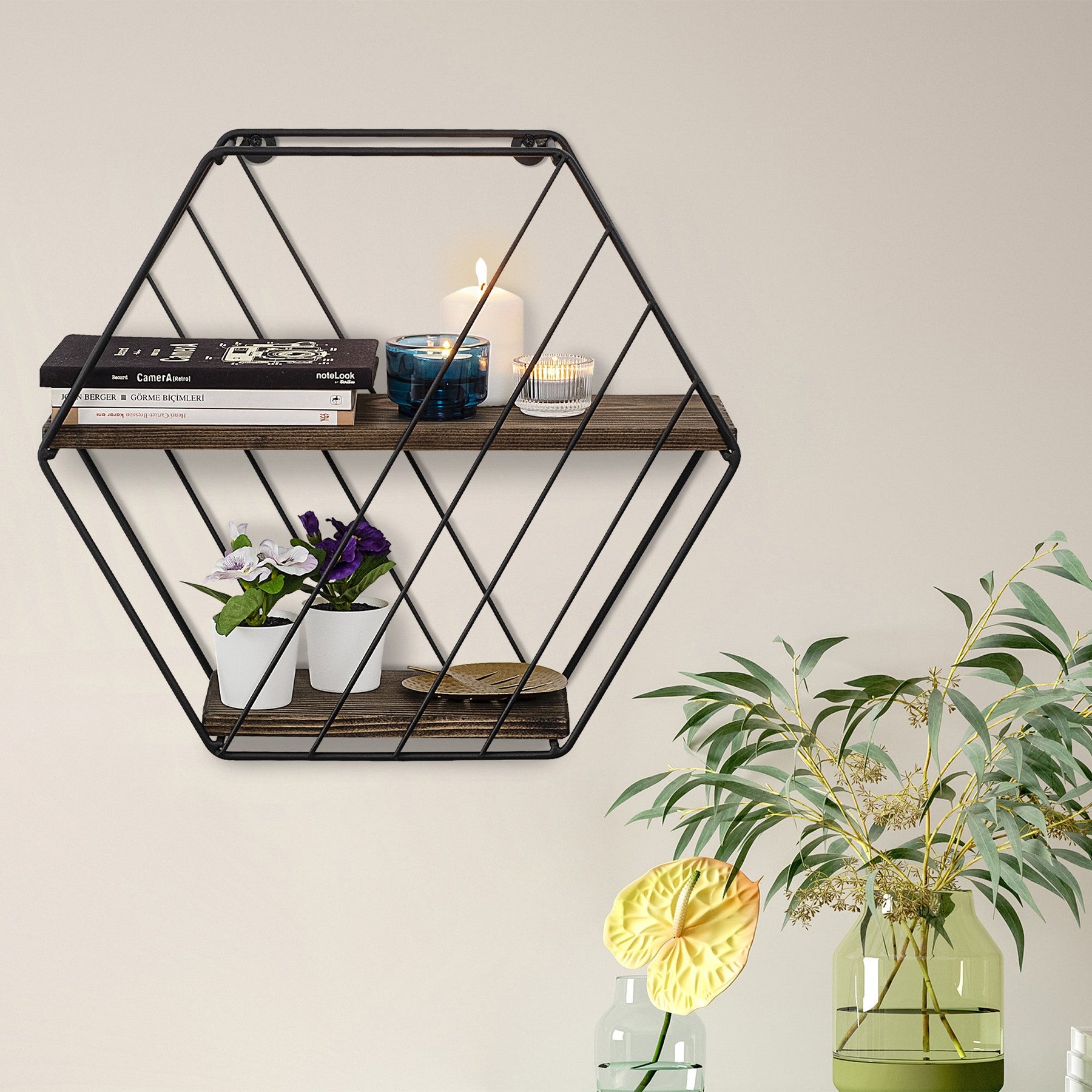 Raft Liliales, negru/nuc, metal/lemn, 44x15x40 cm