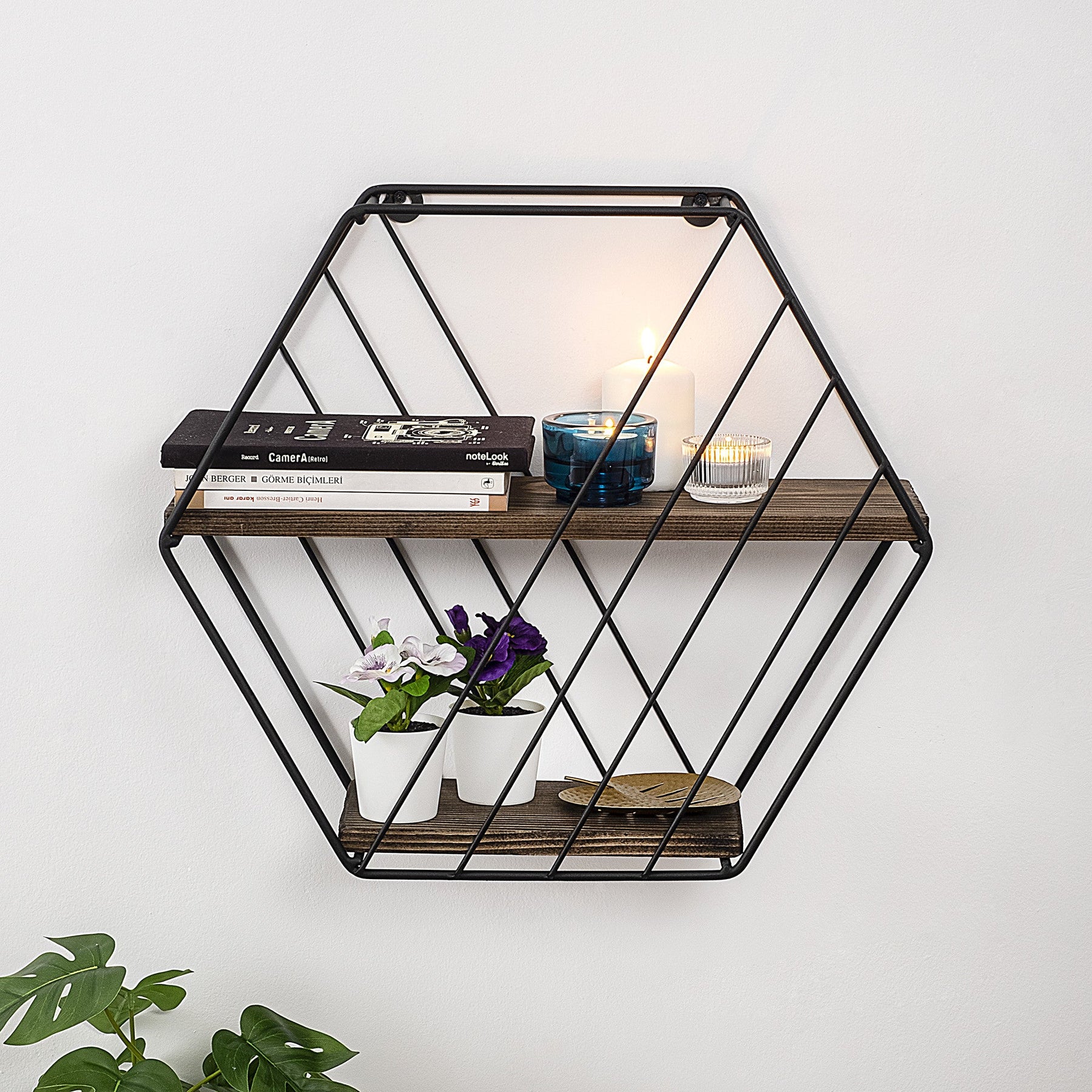 Raft Liliales, negru/nuc, metal/lemn, 44x15x40 cm