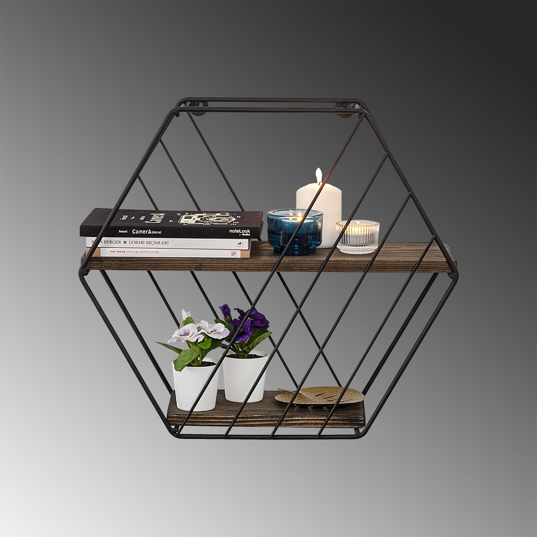 Raft Liliales, negru/nuc, metal/lemn, 44x15x40 cm