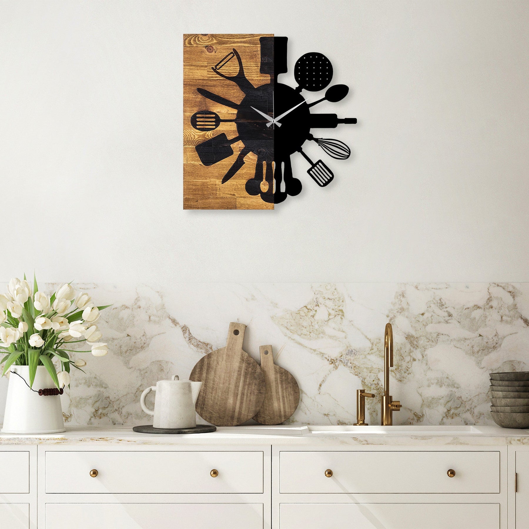 Ceas decorativ Clock 32, negru/stejar, lemn/metal, 60x58 cm