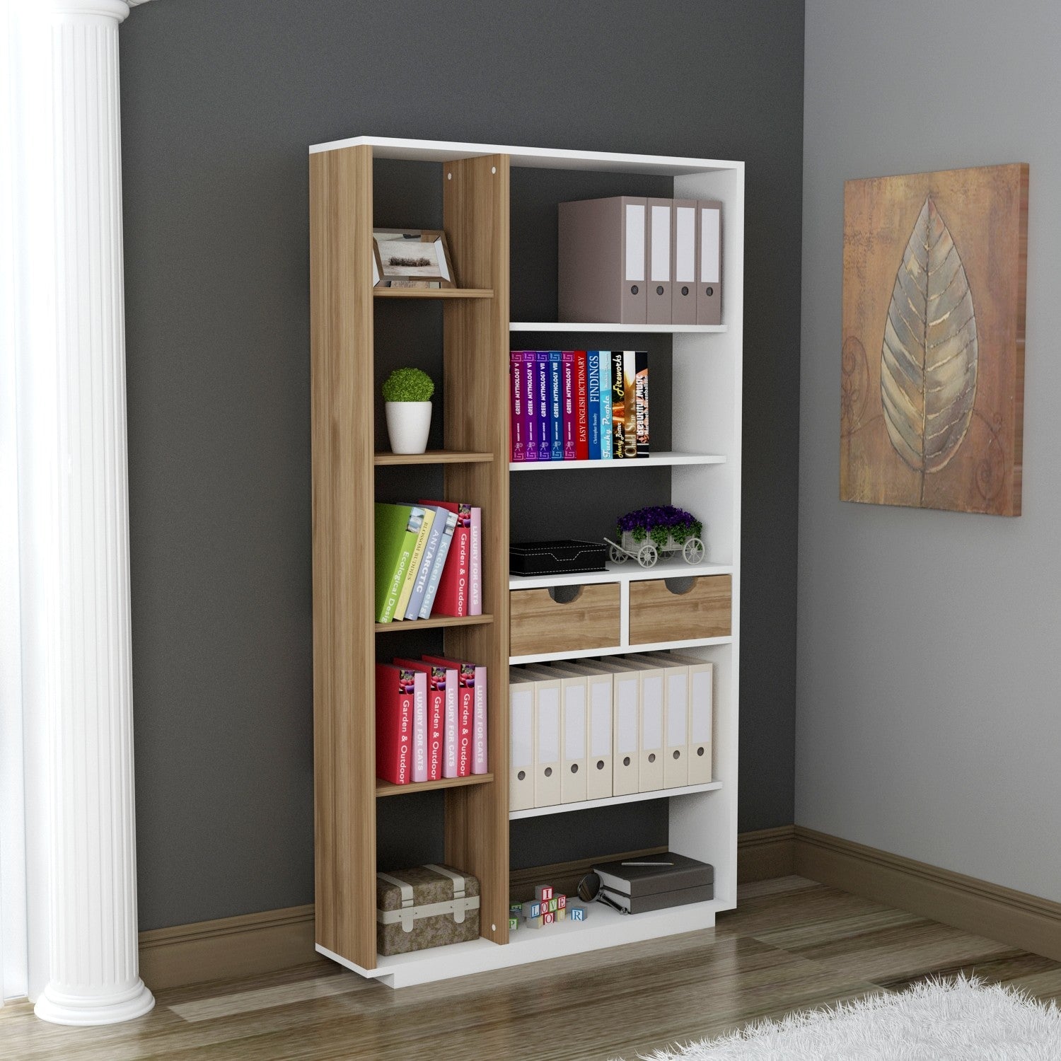 Biblioteca Luma, din PAL melaminat, stejar/alb, 81x25x189 cm