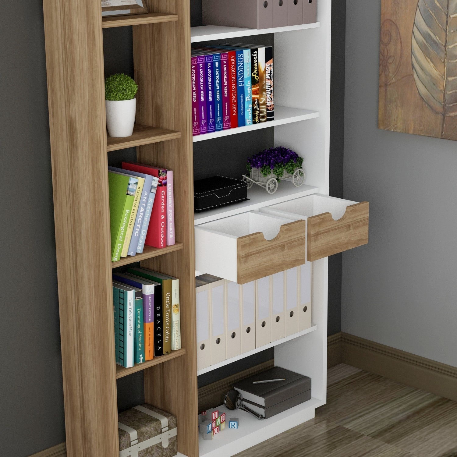 Biblioteca Luma, din PAL melaminat, stejar/alb, 81x25x189 cm