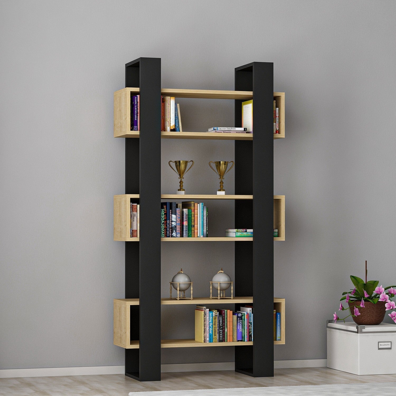 Biblioteca Carmen, negru/stejar miere, PAL melaminat, 80x160x26 cm