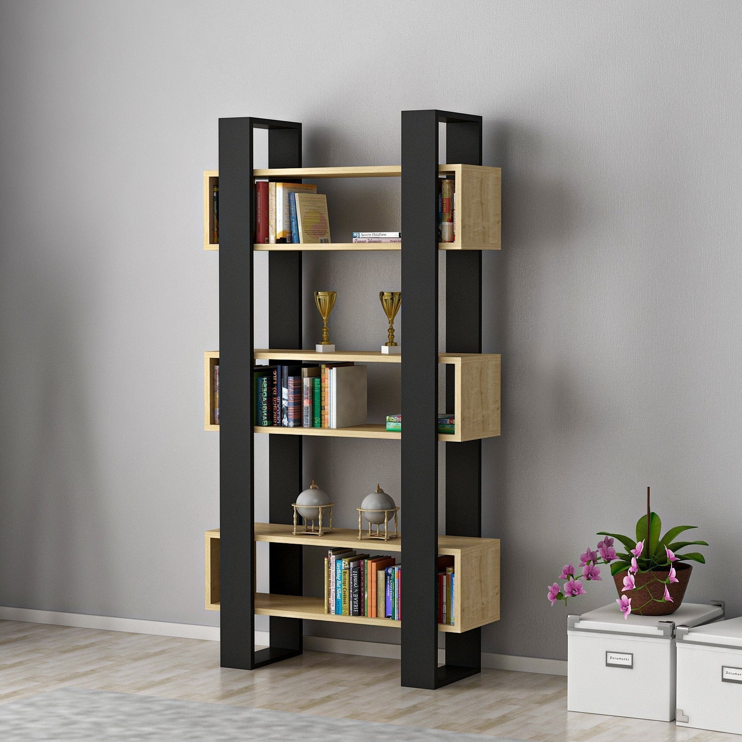 Biblioteca Carmen, negru/stejar miere, PAL melaminat, 80x160x26 cm