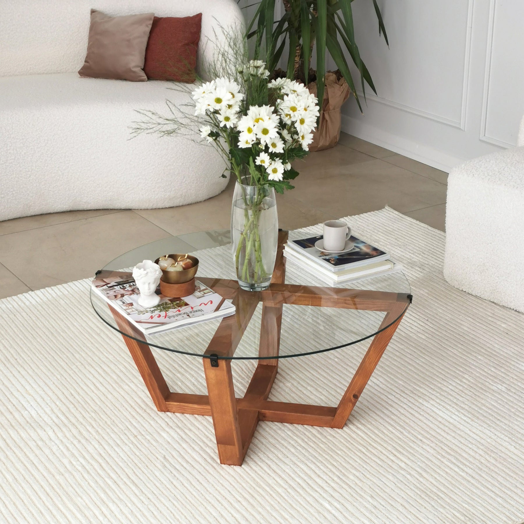 Masuta cafea Lotus, sticla/lemn solid, 75x75x35 cm