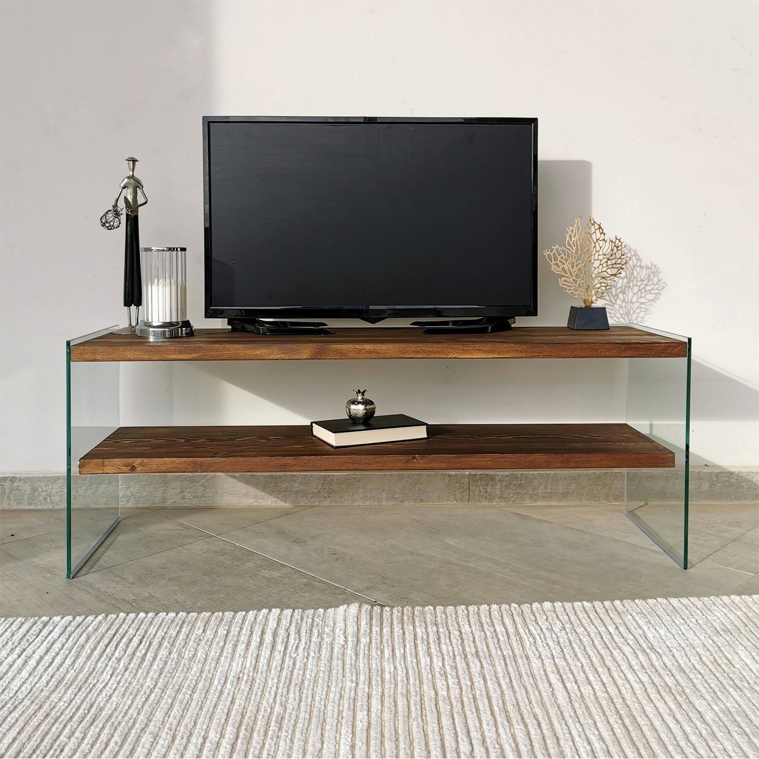 Comoda TV TV103, nuc, sticla/lemn masiv, 120x45x35 cm