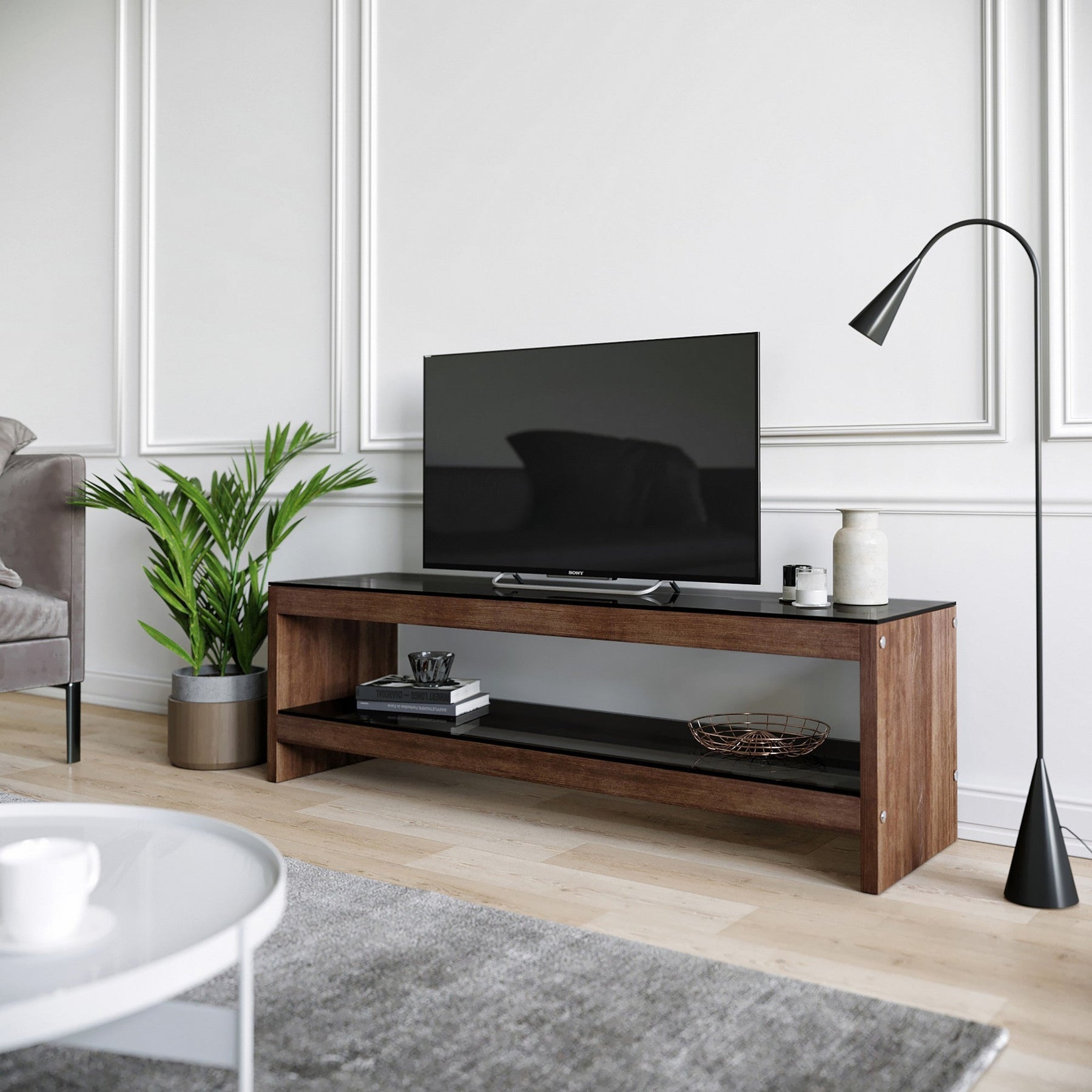 Comoda TV TV301, nuc, lemn masiv/sticla, 140x45x40 cm