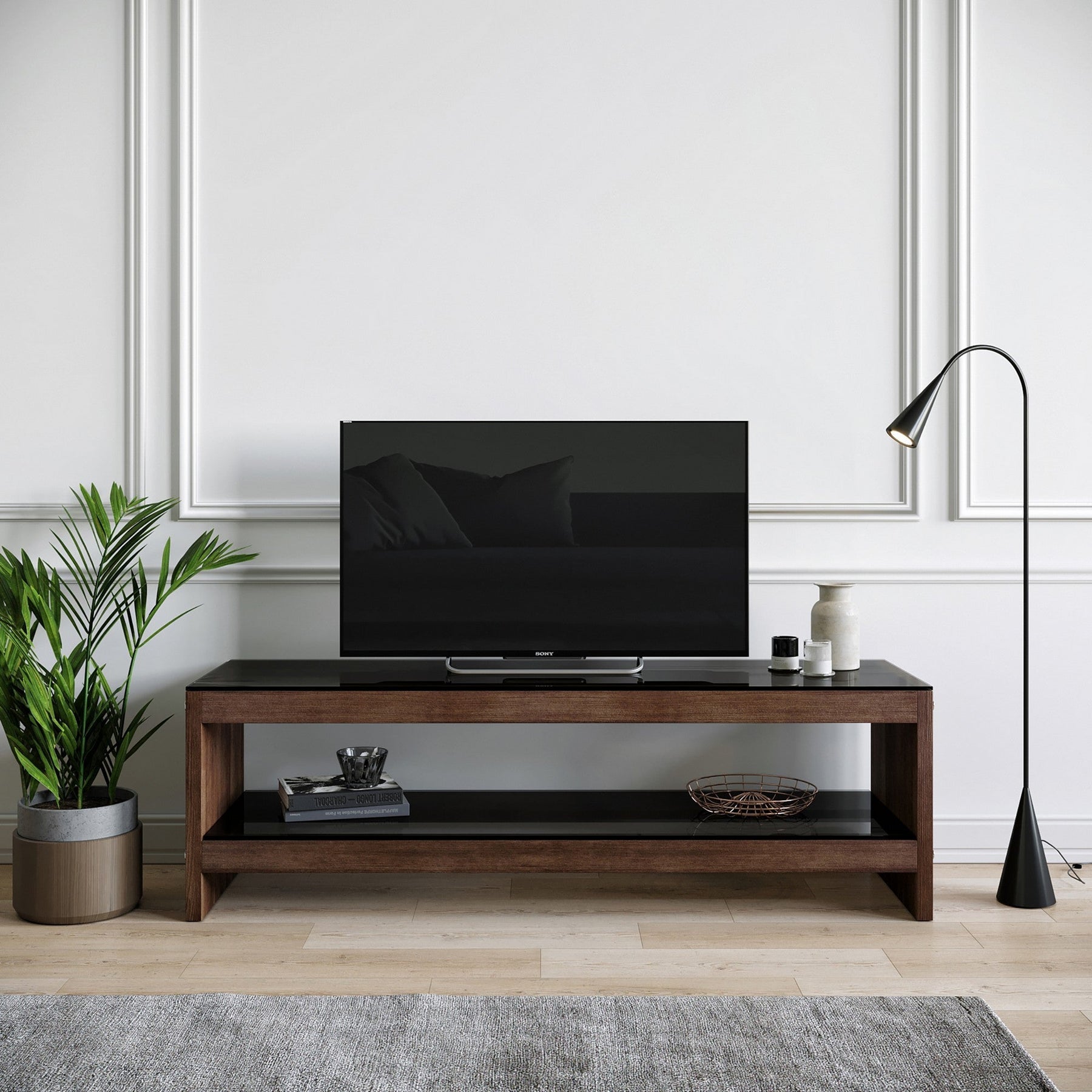 Comoda TV TV301, nuc, lemn masiv/sticla, 140x45x40 cm