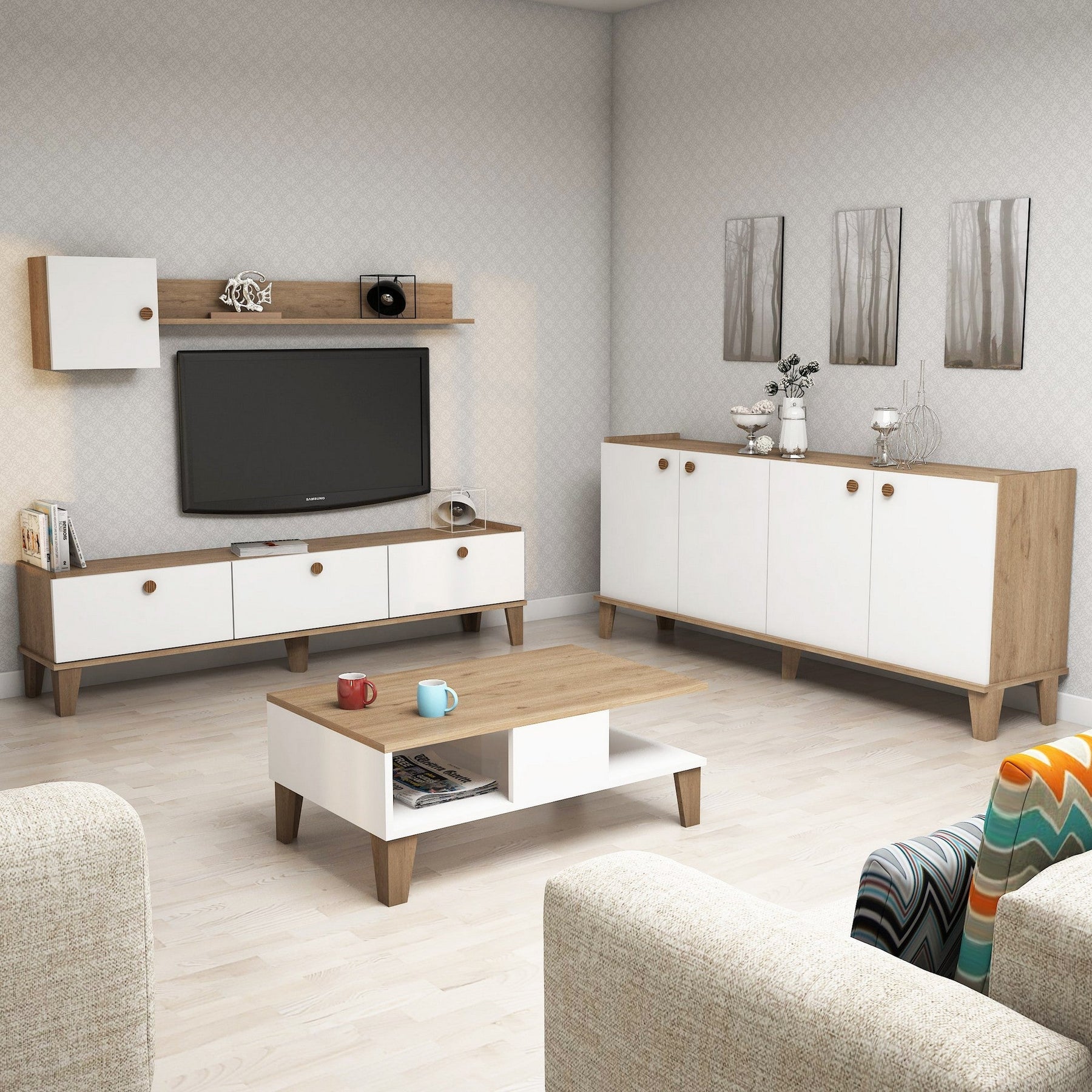 Set living Sumer G7020, din PAL melaminat, alb/stejar, 4 piese