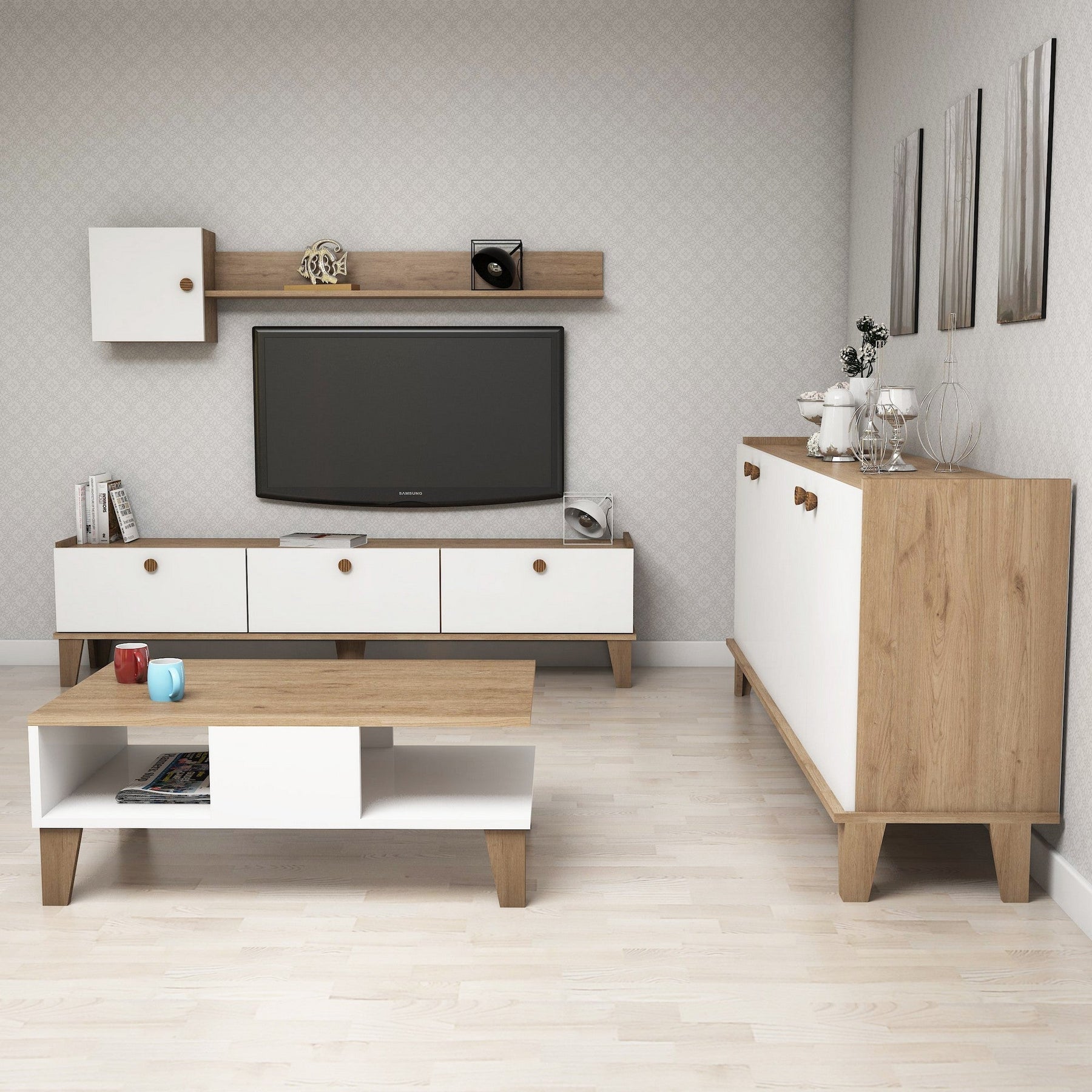 Set living Sumer G7020, din PAL melaminat, alb/stejar, 4 piese