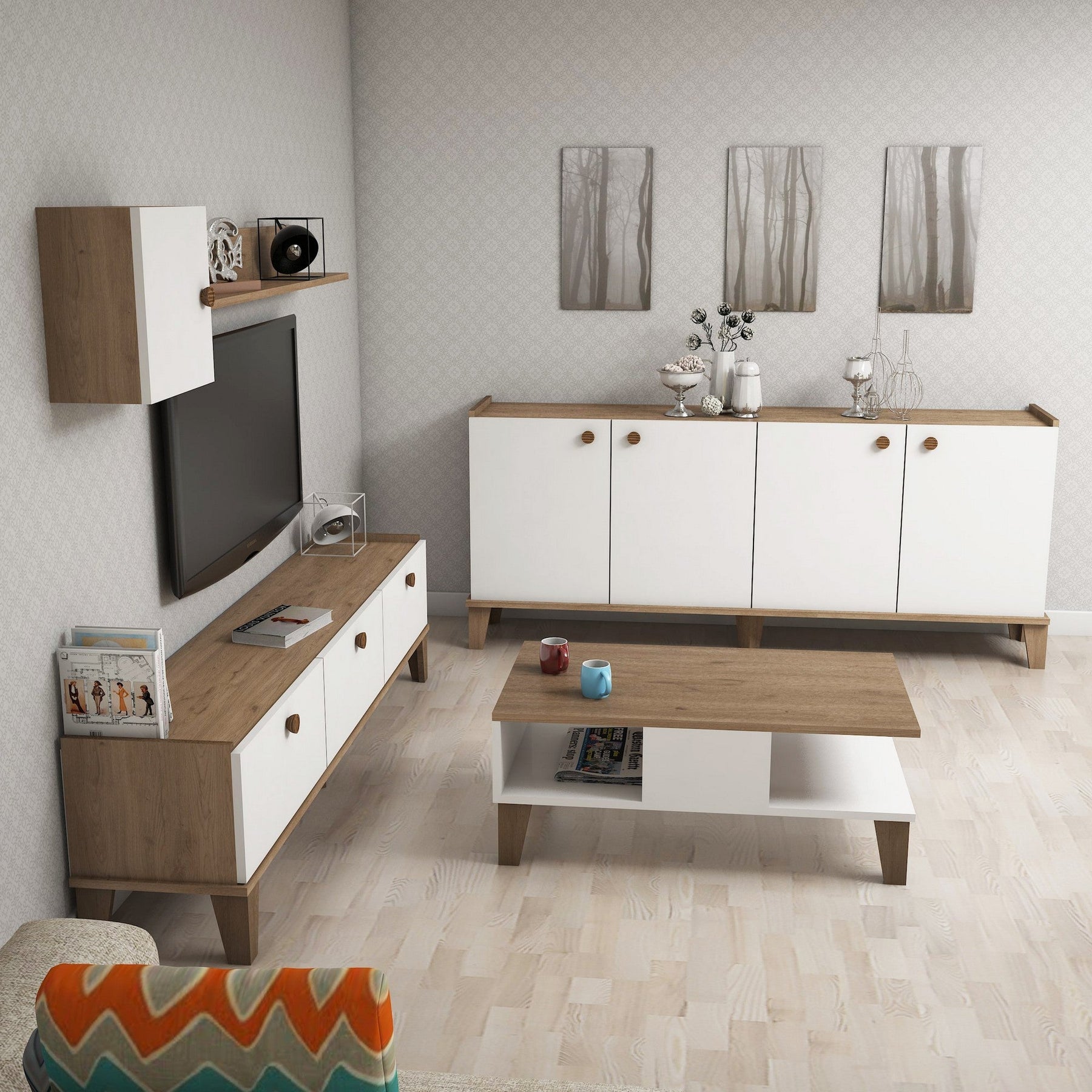 Set living Sumer G7020, din PAL melaminat, alb/stejar, 4 piese
