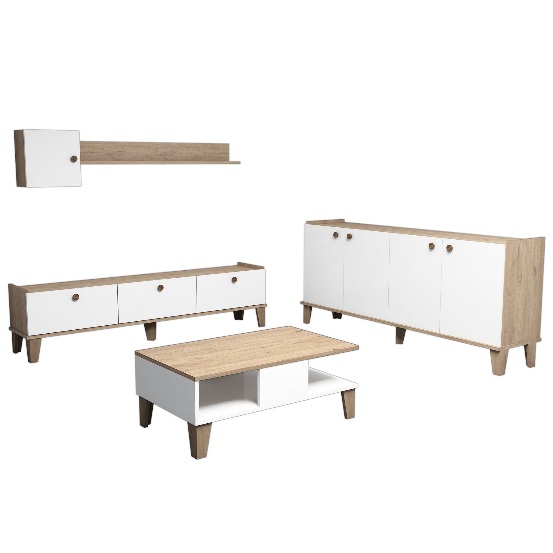 Set living Sumer G7020, din PAL melaminat, alb/stejar, 4 piese