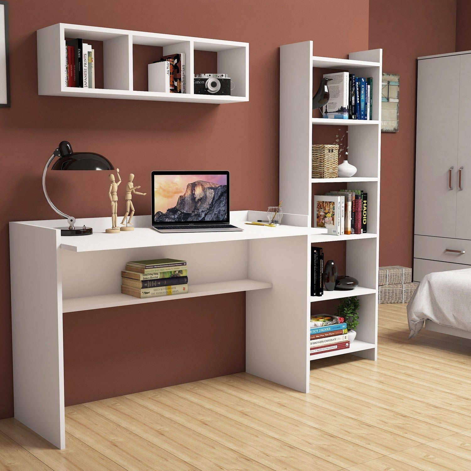 Set birou Hera, 3 piese, din PAL melaminat, alb