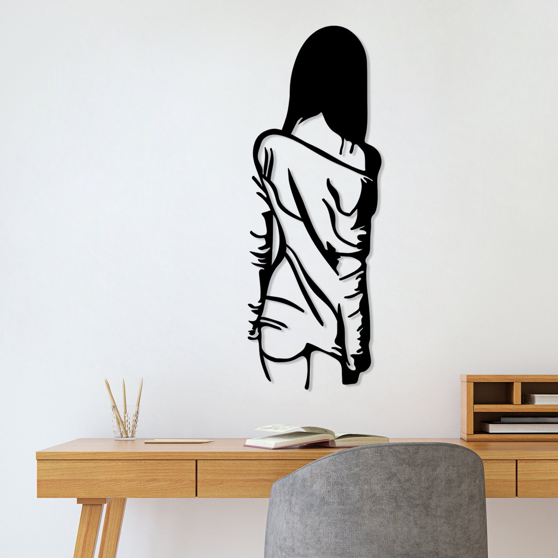 Decoratiune perete Woman Loose Dress, negru, metal, 120x29 cm