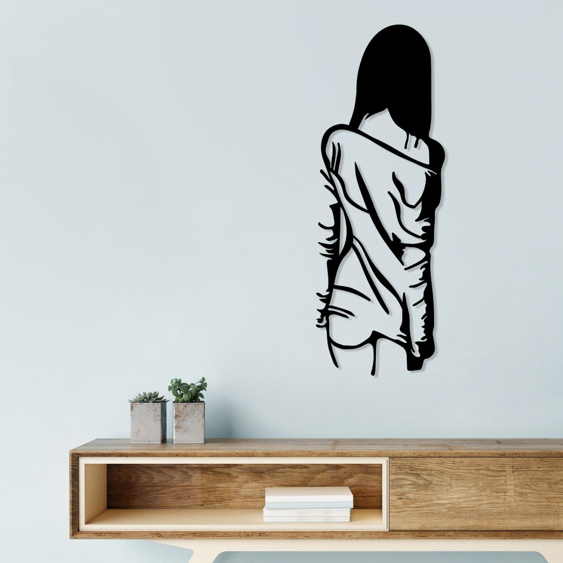 Decoratiune perete Woman Loose Dress, negru, metal, 120x29 cm