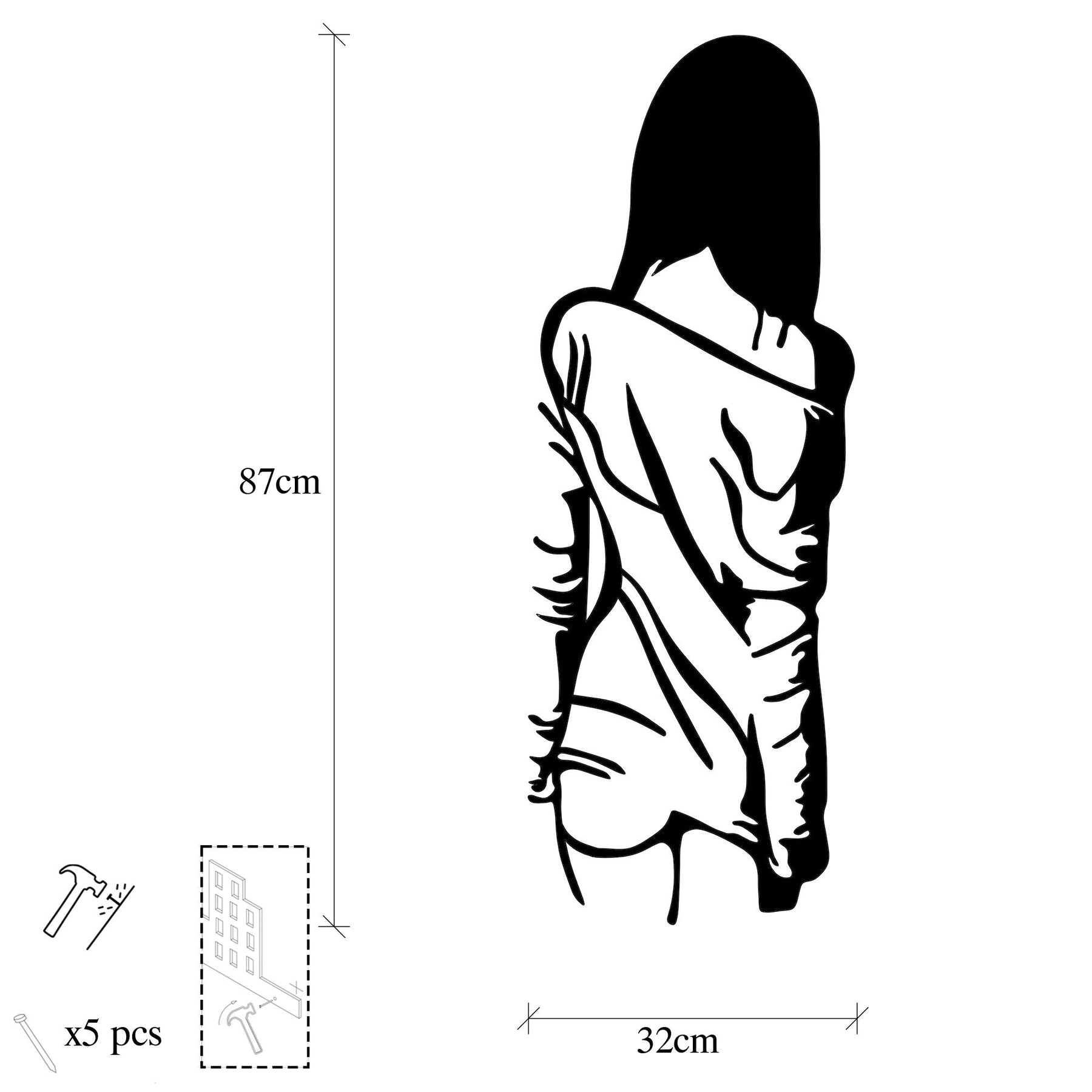 Decoratiune perete Woman Loose Dress, negru, metal, 120x29 cm