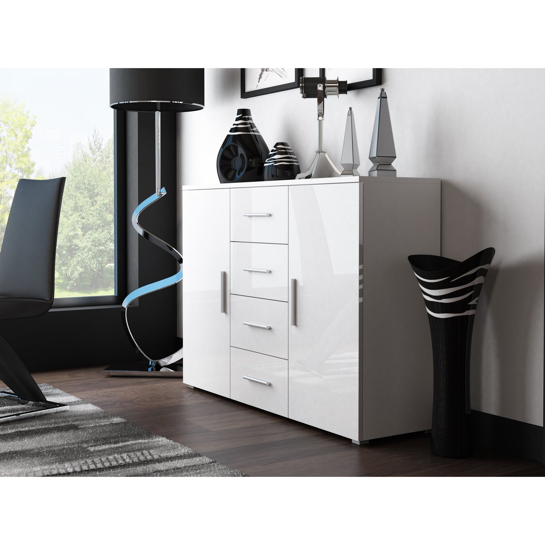 Comoda UNI, alb/alb lucios, 132x38x92 cm