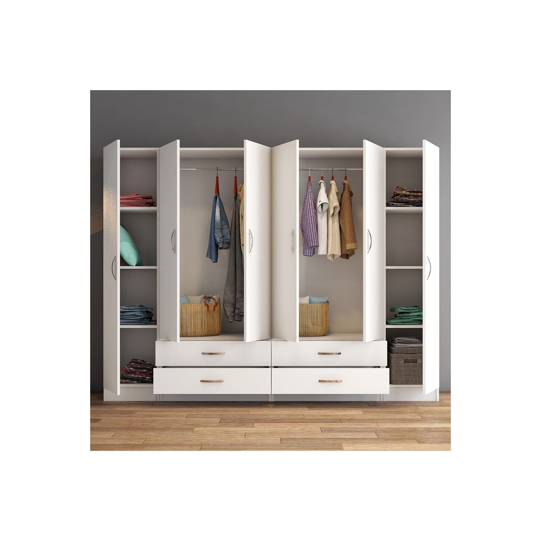 Dulap GRD0801, alb, PAL, 6 usi si 4 sertare, 240x46x182 cm