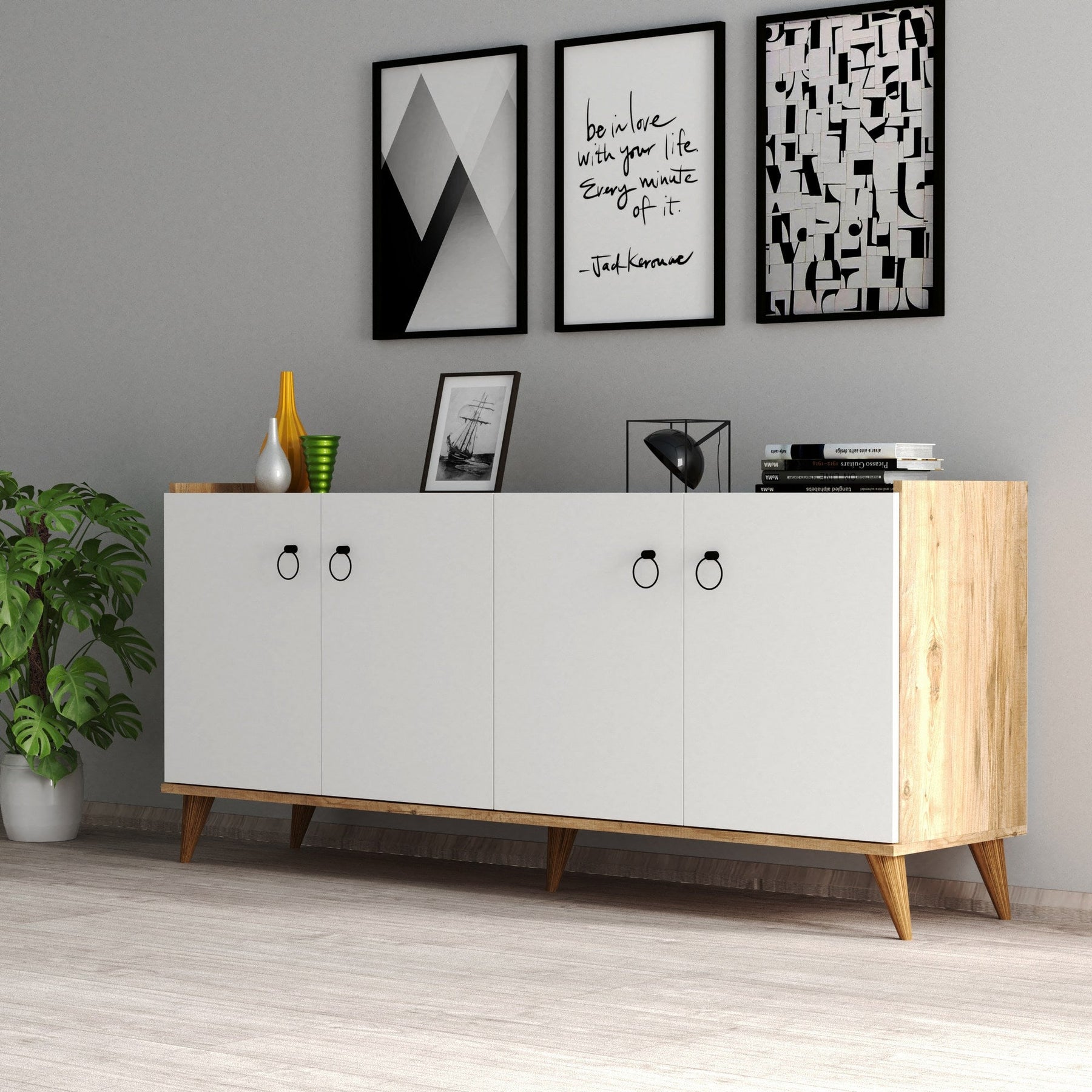 Comoda KSL0103, alb/stejar, PAL, 180x44x79 cm