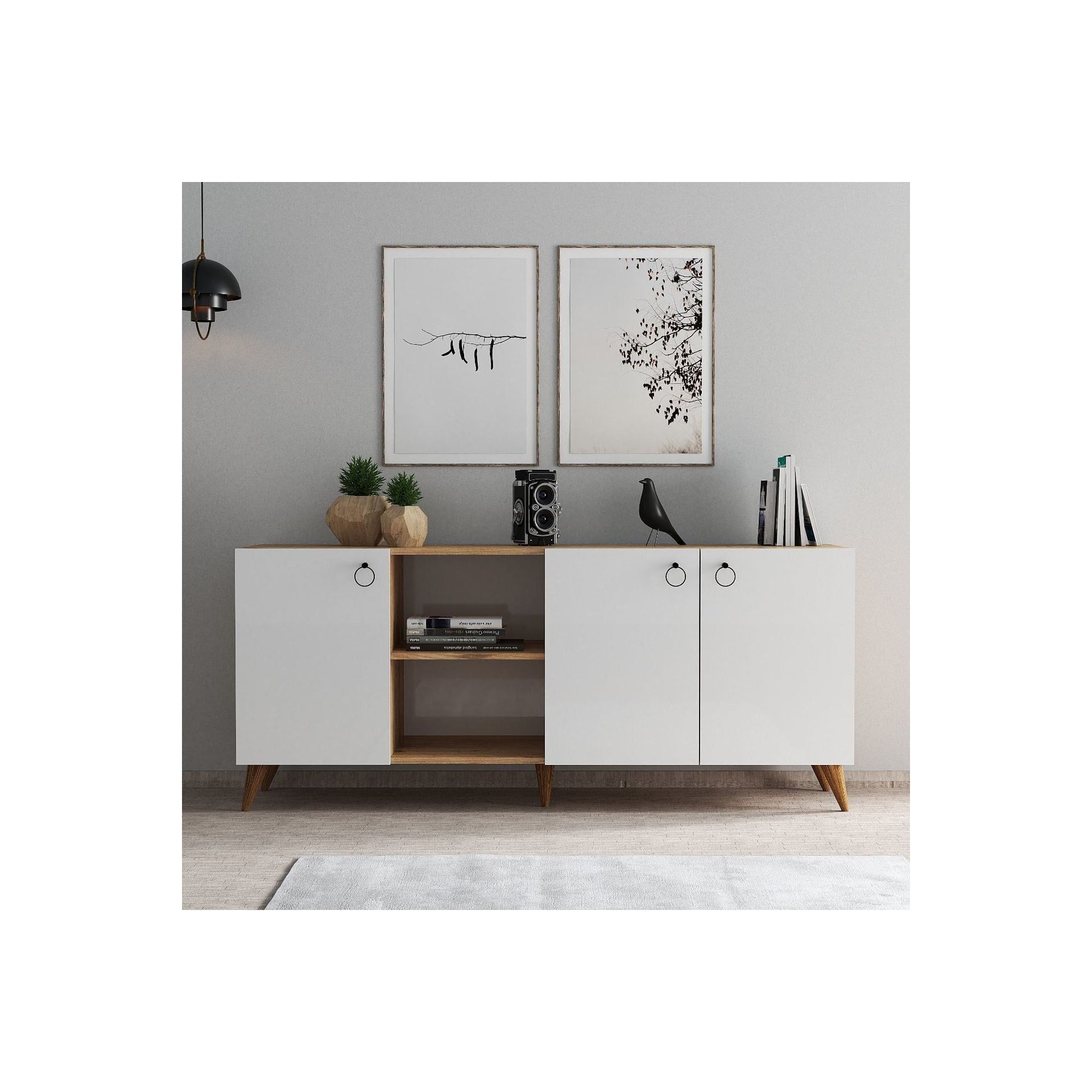 Comoda KSL0303, alb/stejar, PAL, 180x44x79 cm