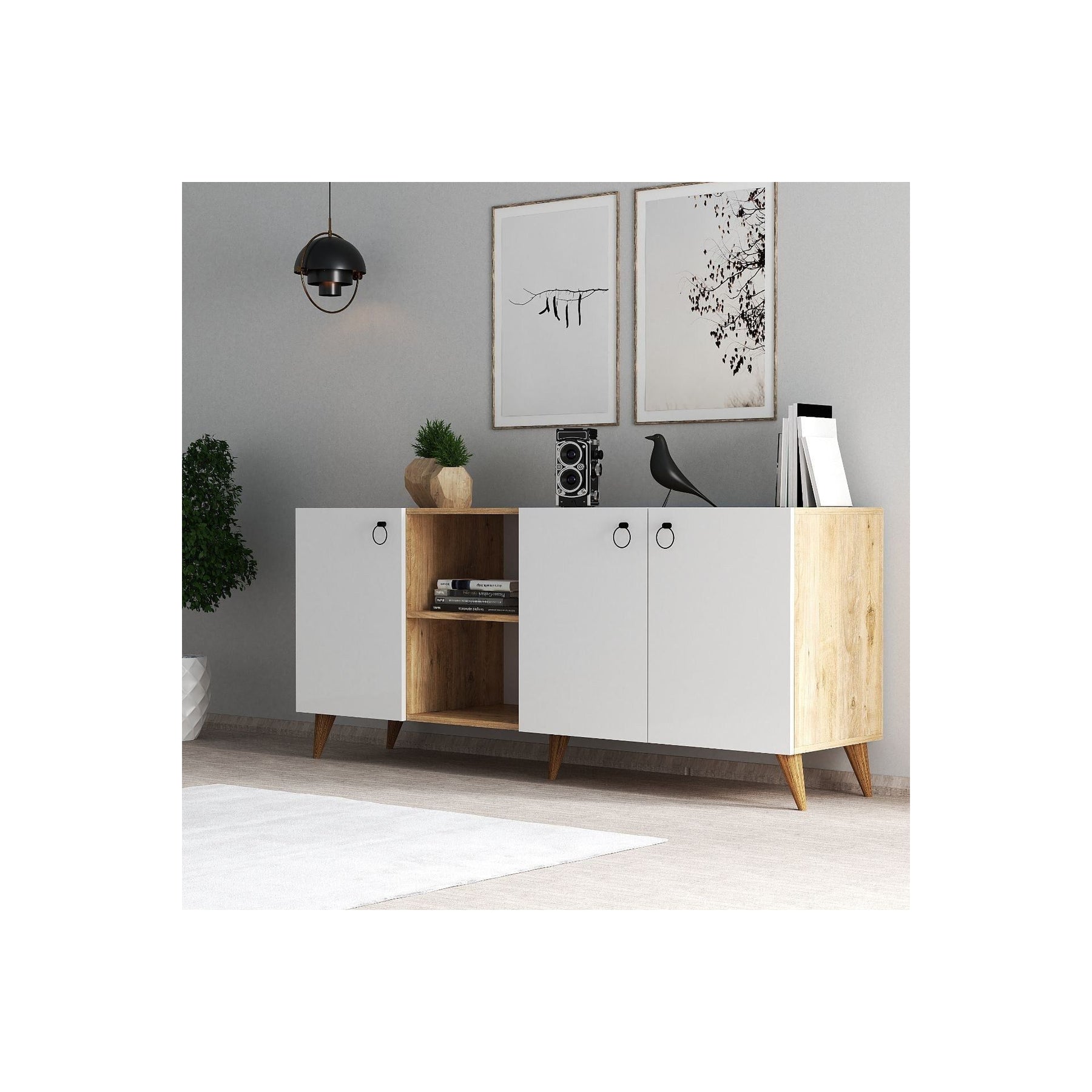 Comoda KSL0303, alb/stejar, PAL, 180x44x79 cm