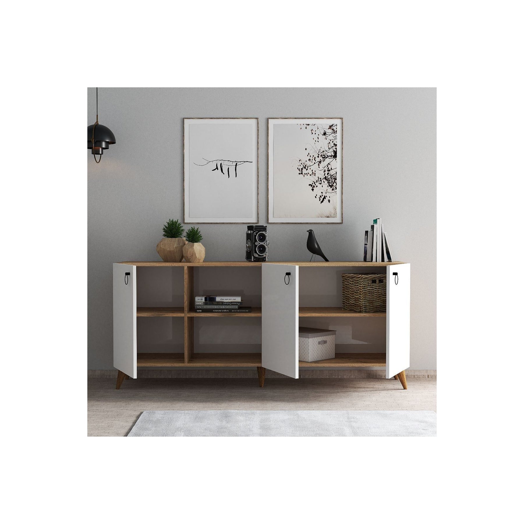 Comoda KSL0303, alb/stejar, PAL, 180x44x79 cm