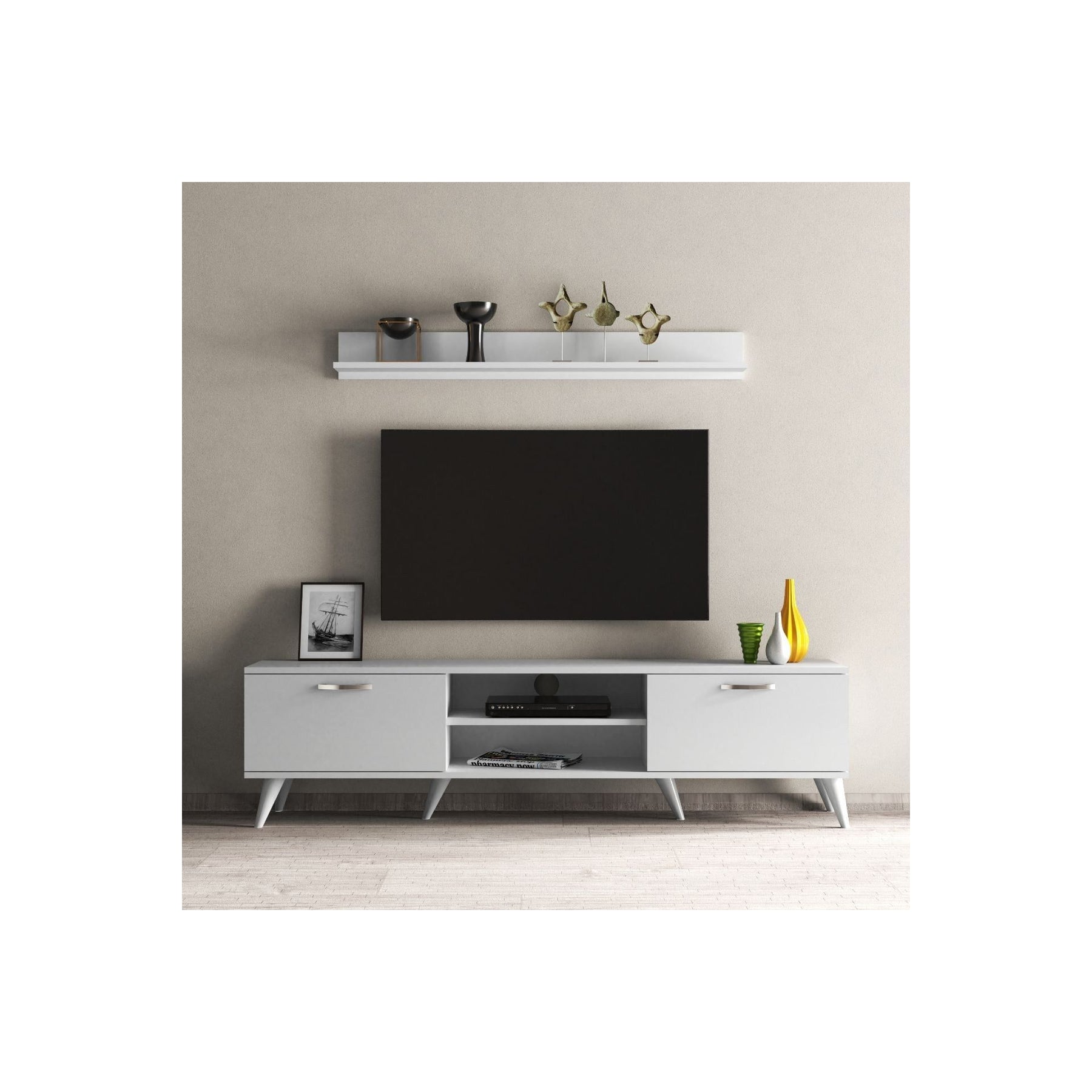 Set comoda TV si polita TVU0101, alb, PAL melaminat, 180x35x48 cm
