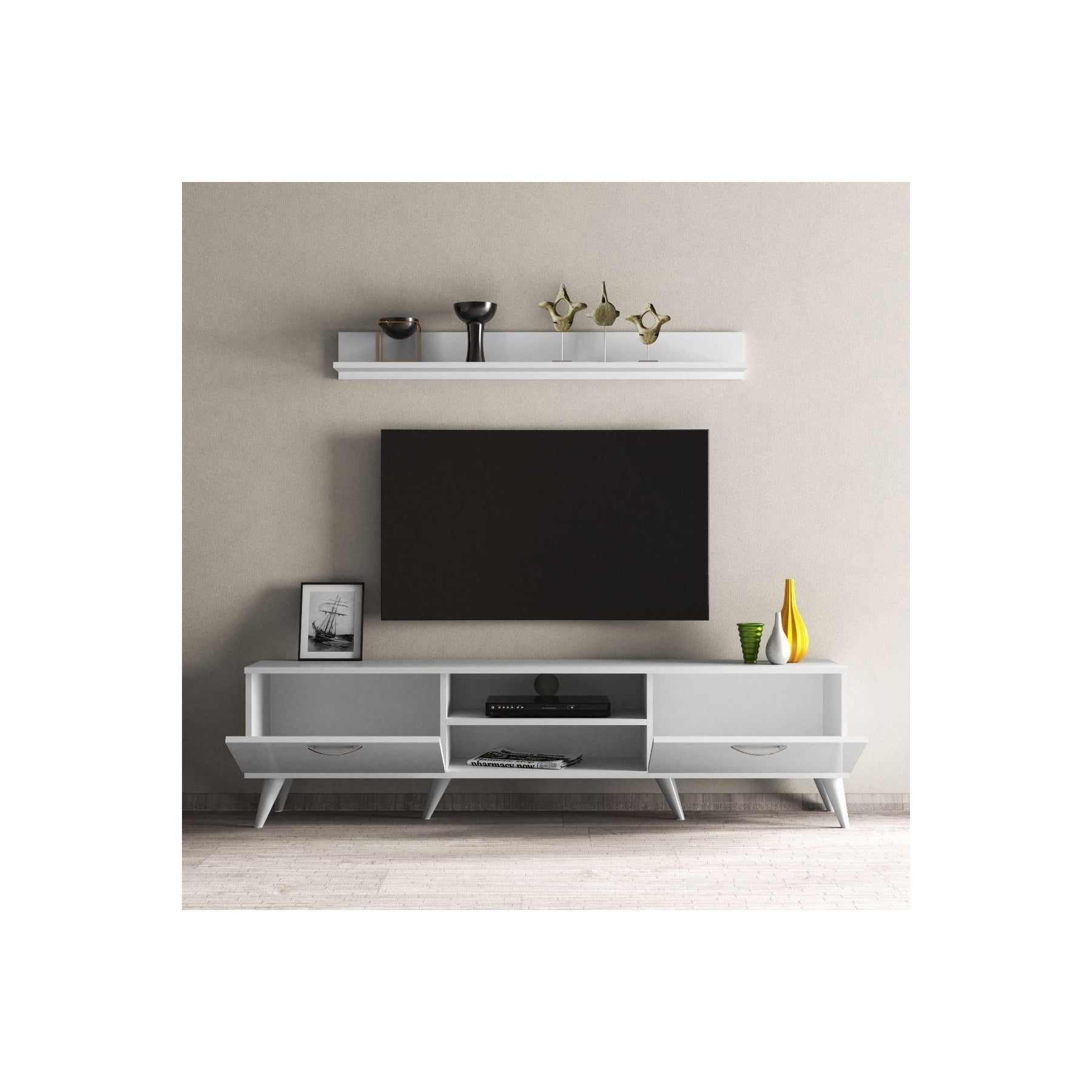 Set comoda TV si polita TVU0101, alb, PAL melaminat, 180x35x48 cm