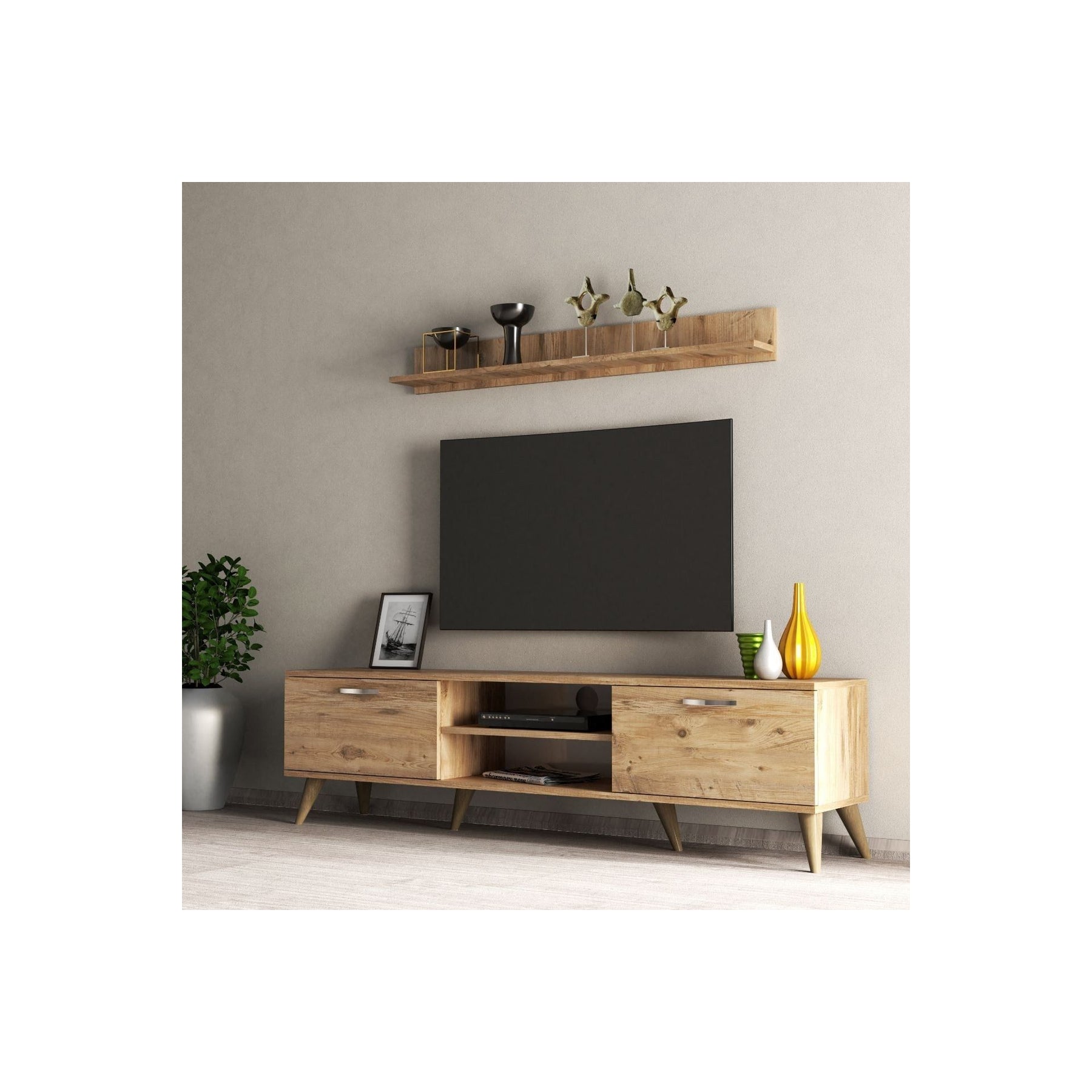 Set comoda TV si polita TVU0102, stejar, PAL melaminat, 180x35x48 cm