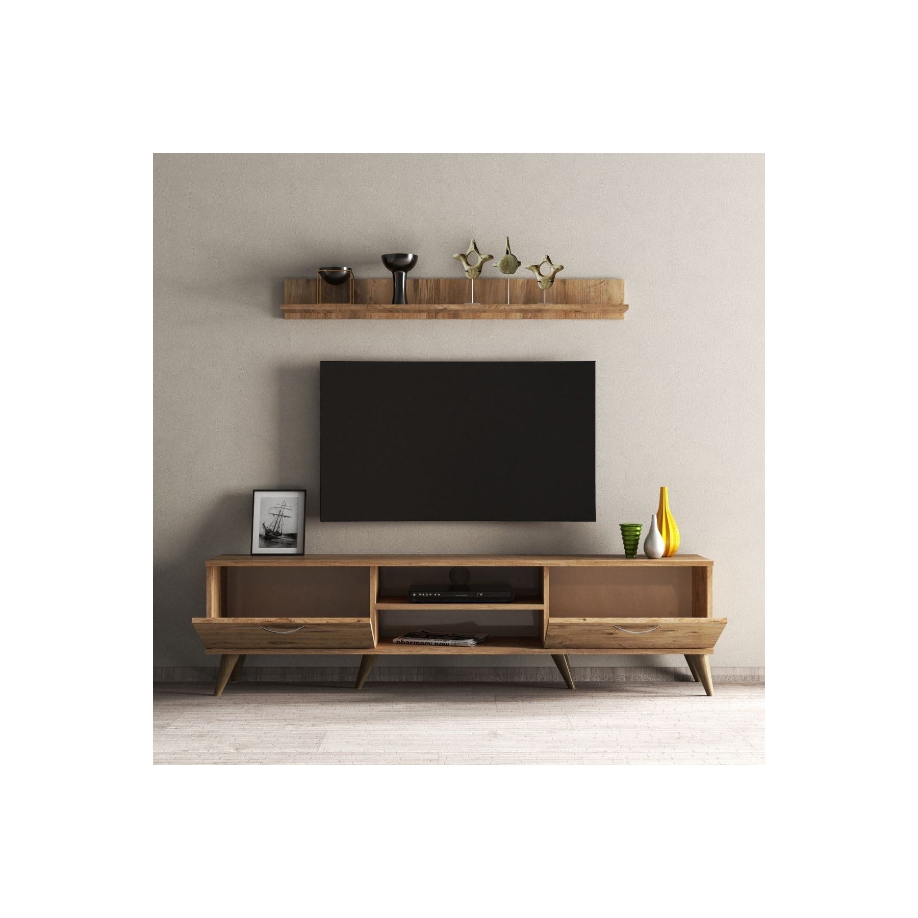 Set comoda TV si polita TVU0102, stejar, PAL melaminat, 180x35x48 cm