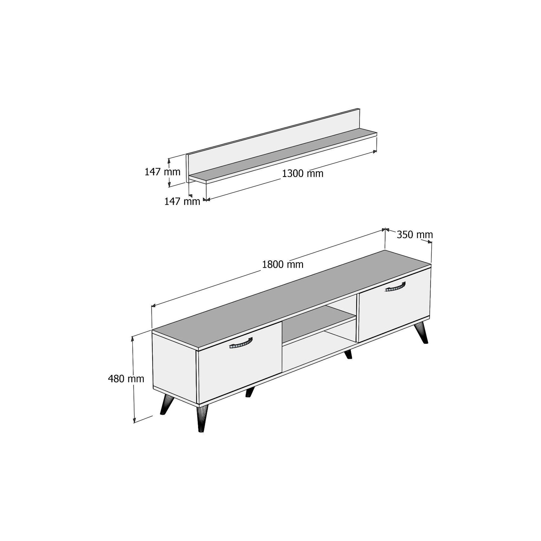 Set comoda TV si polita TVU0102, stejar, PAL melaminat, 180x35x48 cm